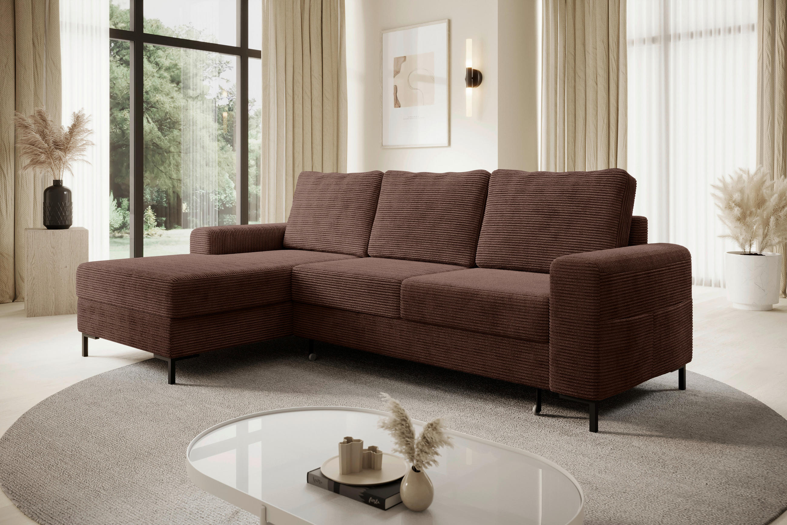 ECKSOFA Dunkelbraun Cord  - Dunkelbraun/Schwarz, KONVENTIONELL, Textil/Metall (150/240cm) - Carryhome