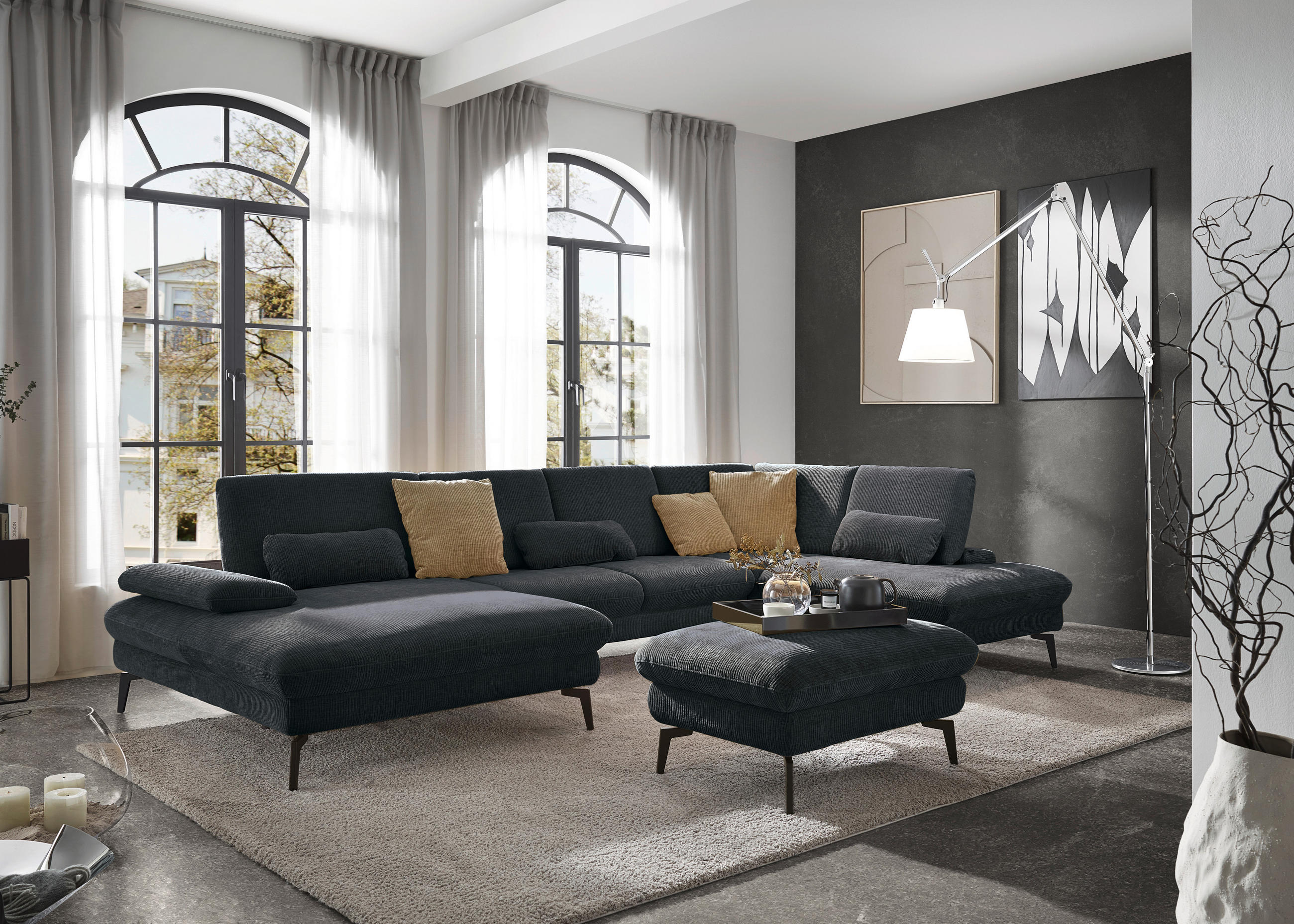 WOHNLANDSCHAFT in Webstoff Anthrazit  - Anthrazit/Schwarz, Design, Textil/Metall (157/354/208cm) - Dieter Knoll