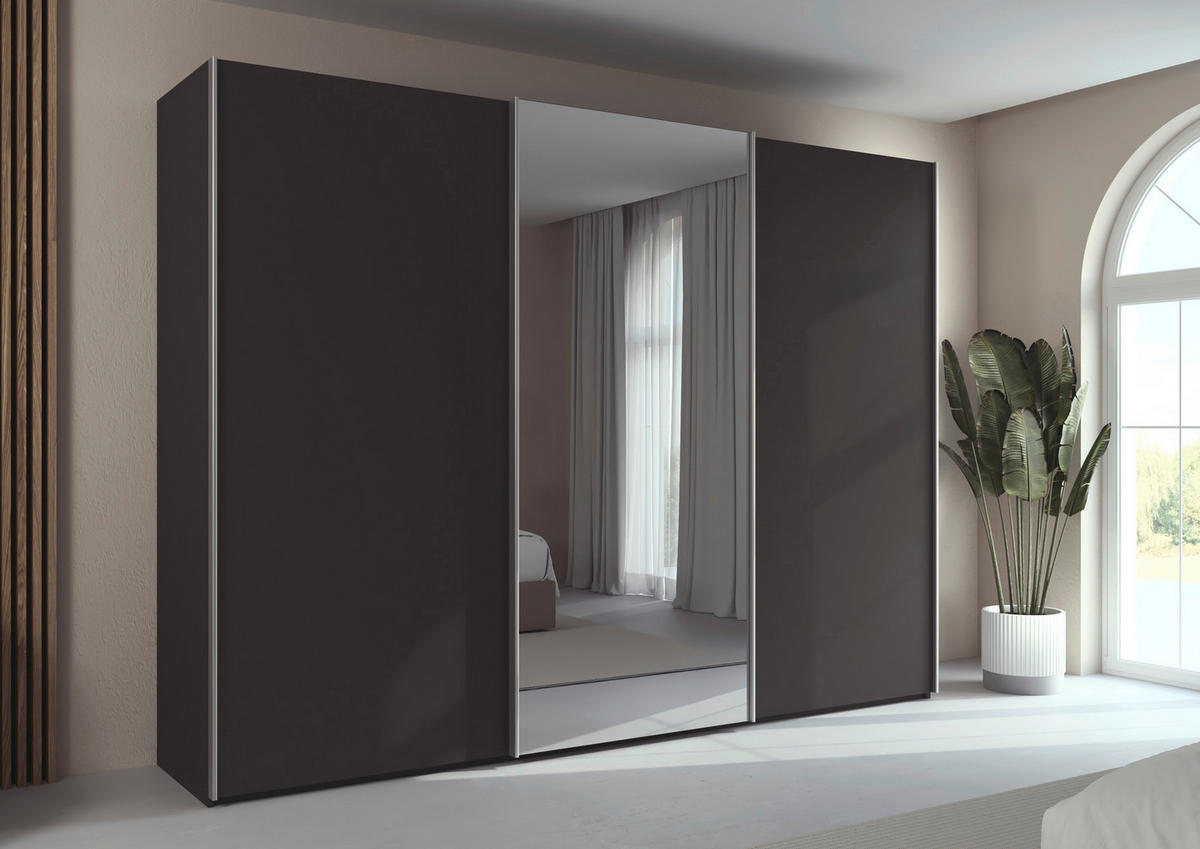 SCHWEBETÜRENSCHRANK 301/223/69 cm,  in Graphitfarben, Alufarben, 3 Tür(en)  - Alufarben/Graphitfarben, Basics, Glas/Holzwerkstoff (301/223/69cm) - Rauch Möbel