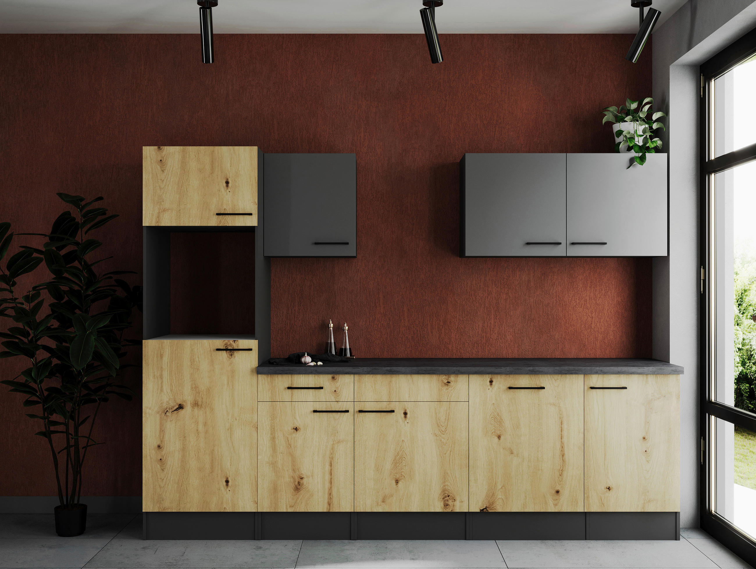 MODULKÖK UTAN VITVAROR 280 cm   i grå, ek Artisan  - svart/grå, Design, metall/trämaterial (280cm) - Respekta