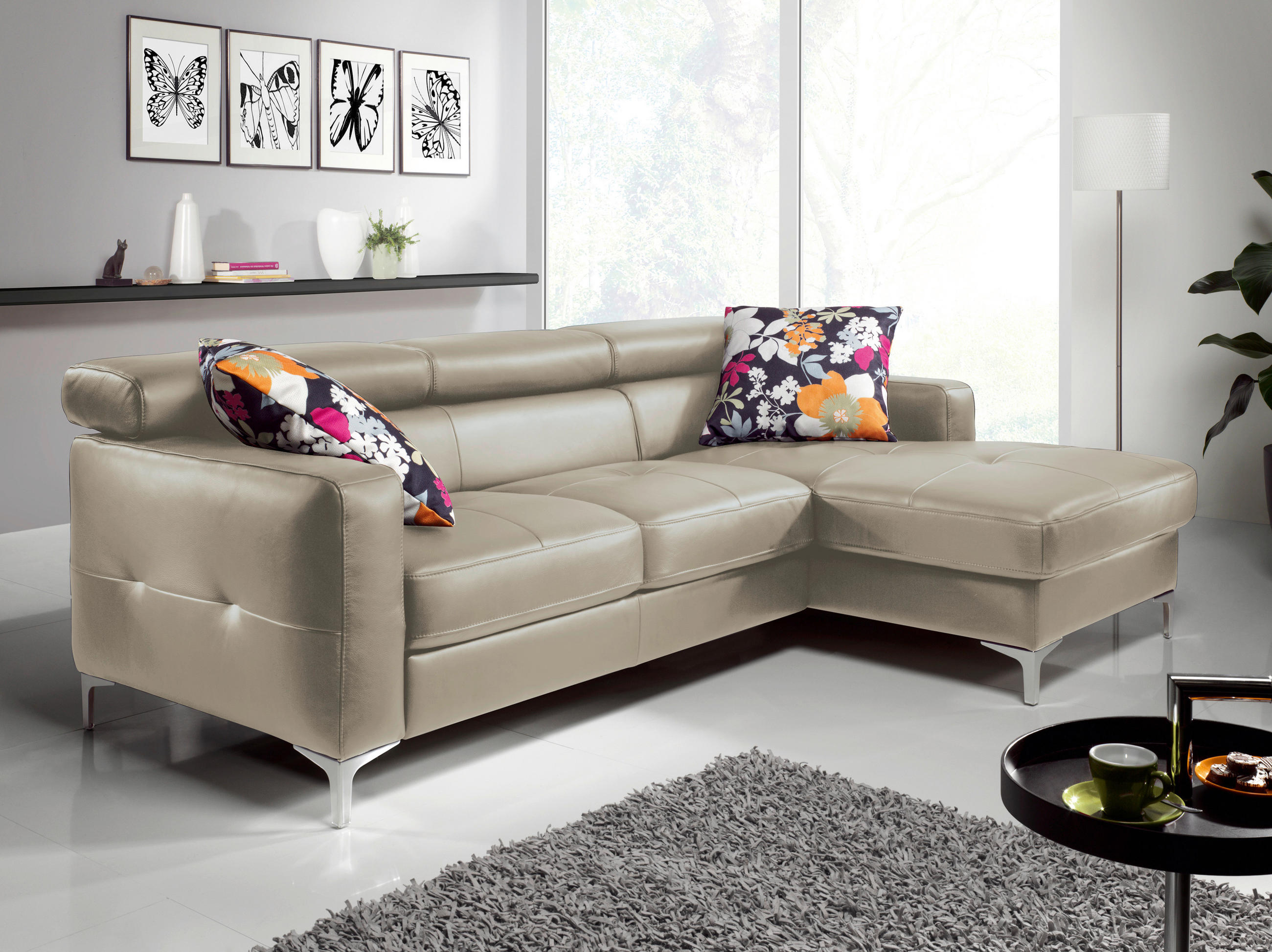 ECKSOFA in Echtleder Grau  227/168 cm  - Chromfarben/Grau, Design, Leder/Metall (227/168cm) - Livetastic