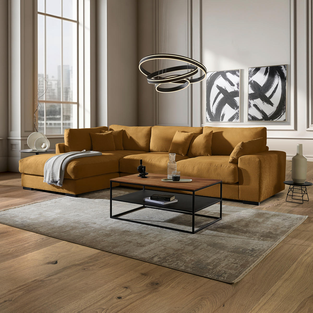 ECKSOFA in Cord Senfgelb  340/205 cm  - Senfgelb/Schwarz, Design, Kunststoff/Textil (340/205cm) - Lomoco