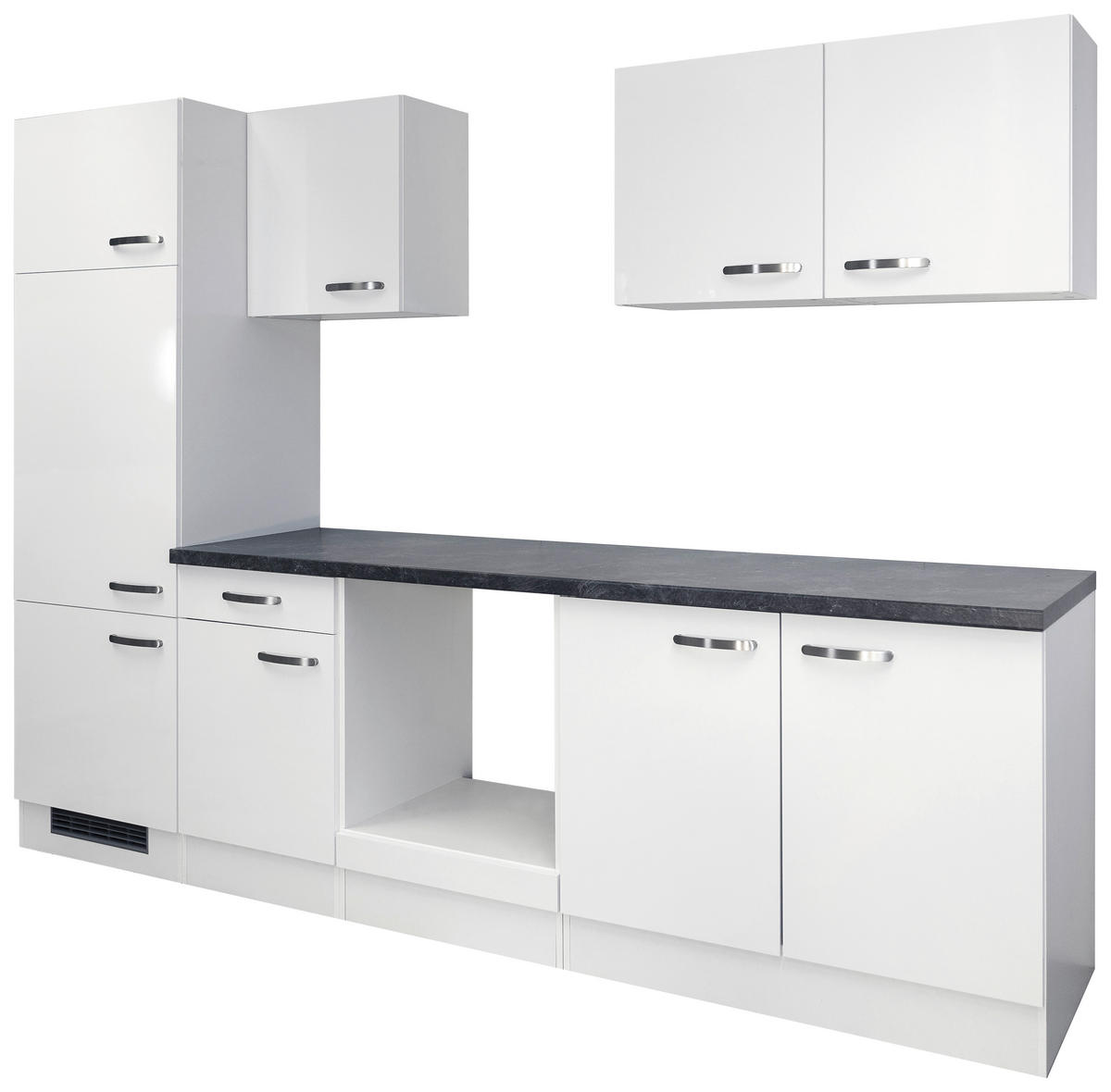 KÜCHENLEERBLOCK 270 cm   in Weiß, Weiß Hochglanz  - Schieferfarben/Edelstahlfarben, MODERN, Holzwerkstoff/Metall (270cm) - FlexWell