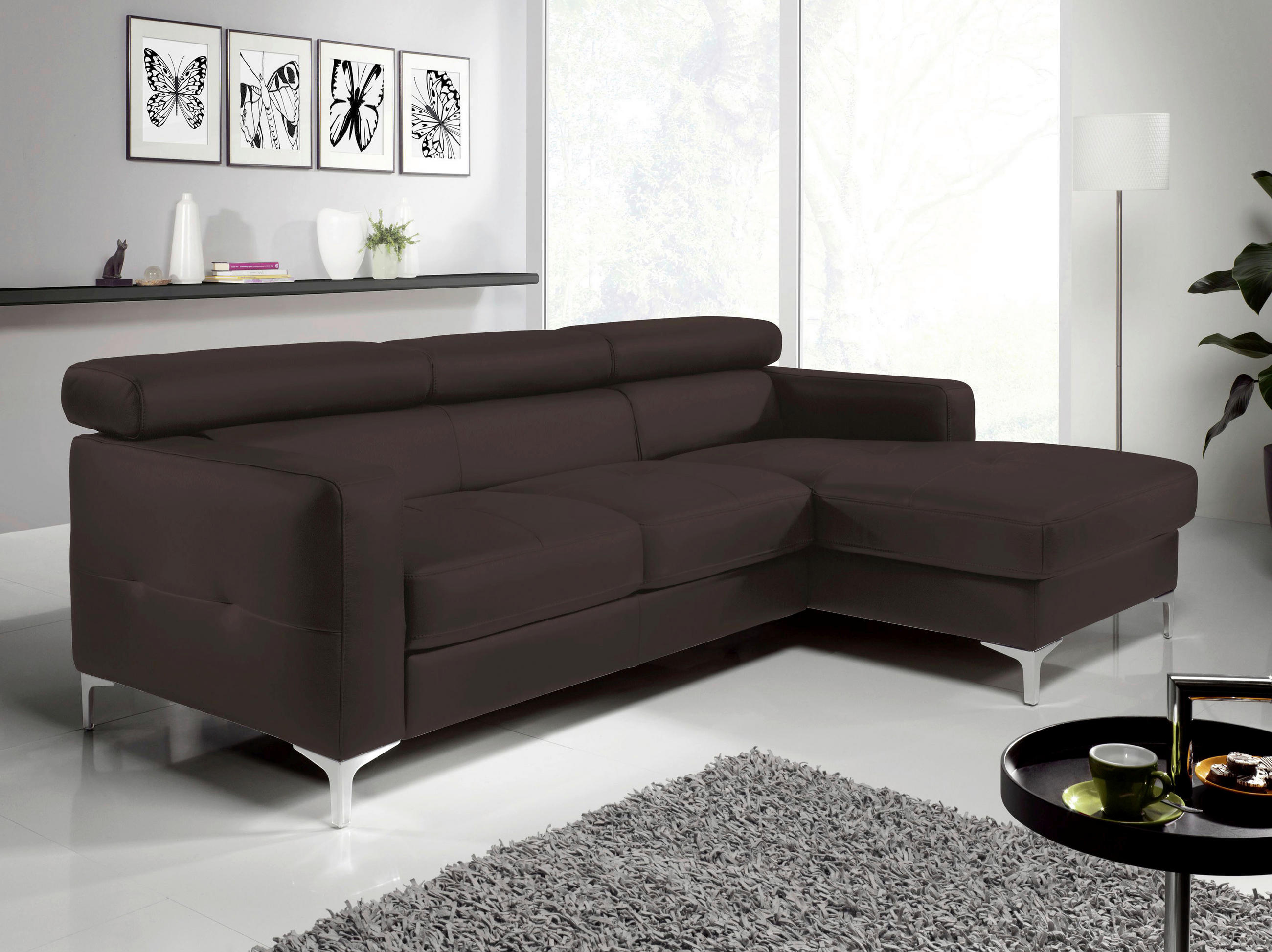 ECKSOFA in Echtleder Dunkelbraun  - Chromfarben/Dunkelbraun, Design, Leder/Metall (226/169cm) - Livetastic