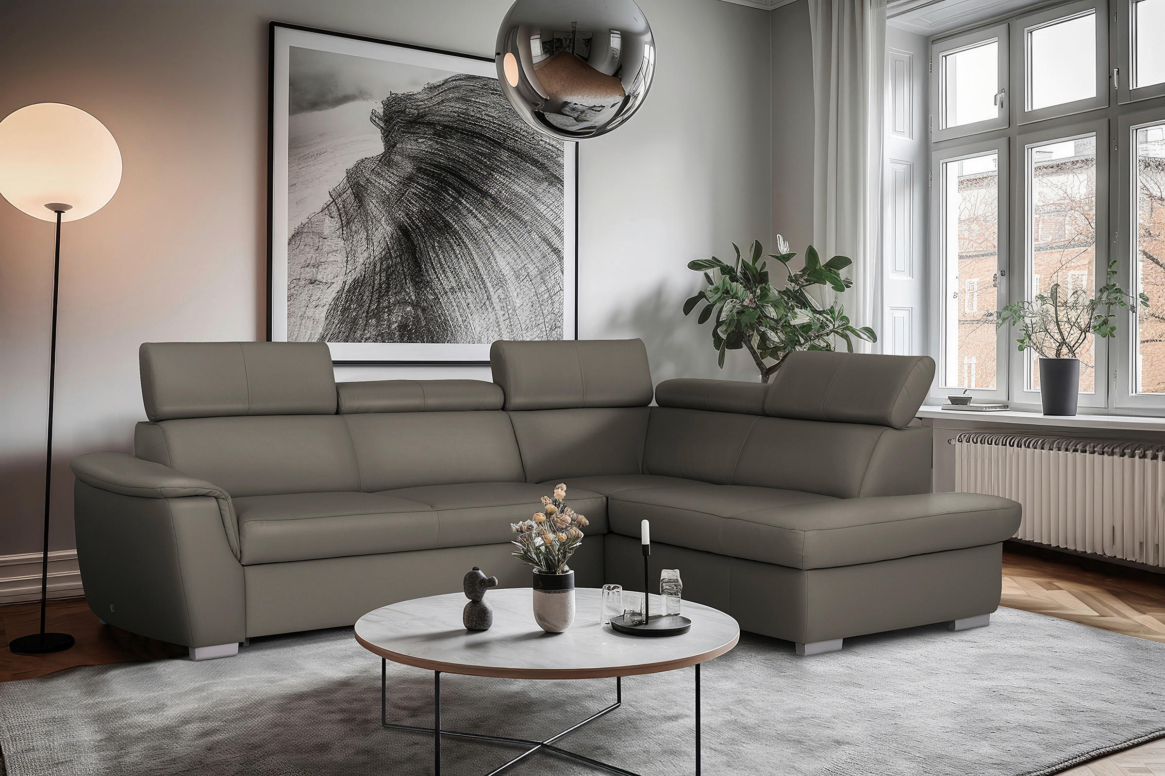 ECKSOFA  in Lederlook Echtleder Schlammfarben  - Schlammfarben/Silberfarben, Leder/Holz (262/211cm) - Celina Home