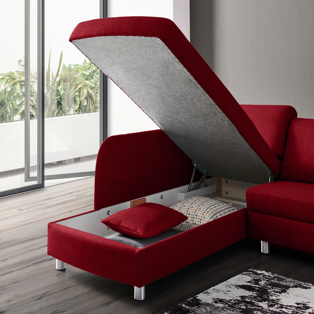 ECKSOFA in Chenille Rot  208/227 cm  - Rot/Alufarben, KONVENTIONELL, Textil/Metall (208/227cm) - Sedda