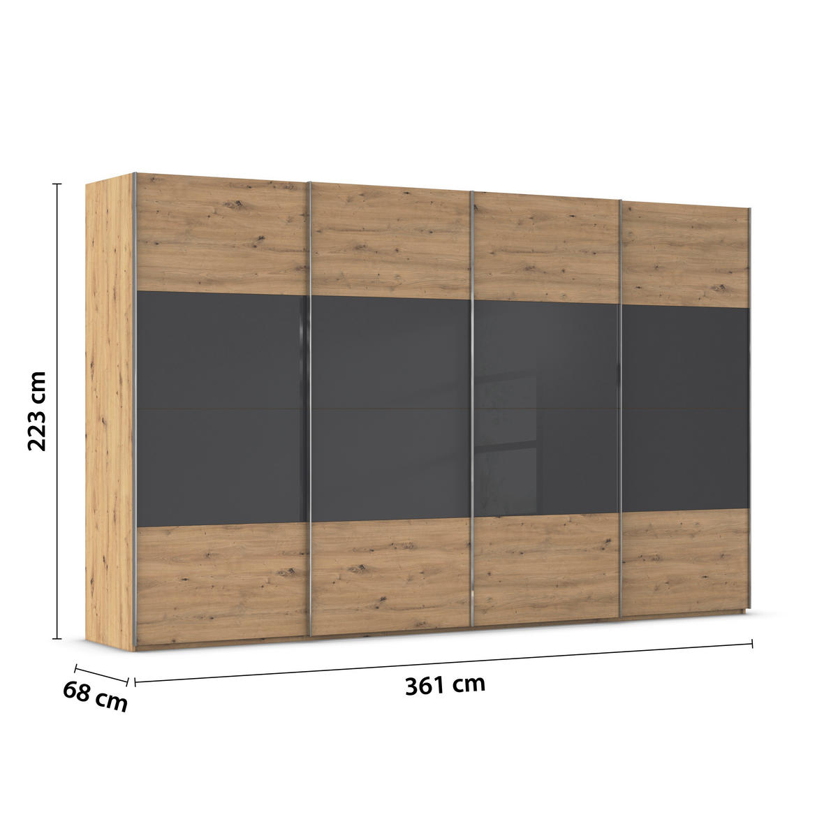 SCHWEBETÜRENSCHRANK 361/223/68 cm 4-türig Schwarz, Eiche Artisan  - Chromfarben/Schwarz, KONVENTIONELL, Glas/Holzwerkstoff (361/223/68cm) - Novel