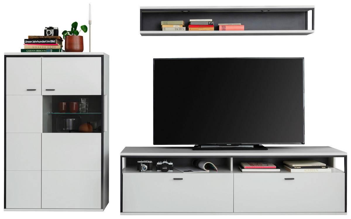 WOHNWAND  in Schwarz, Weiss 278/199/51 cm  - Weiss/Schwarz, Design, Glas/Holzwerkstoff (278/199/51cm) - Stylife