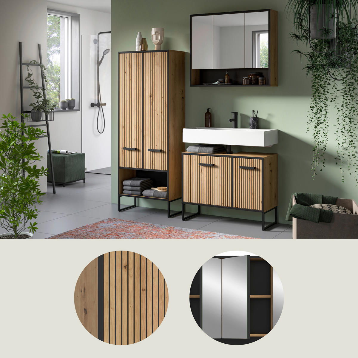 BADRUM 139 cm  - svart/ek Artisan, Trend, metall/trämaterial (139cm) - MID.YOU