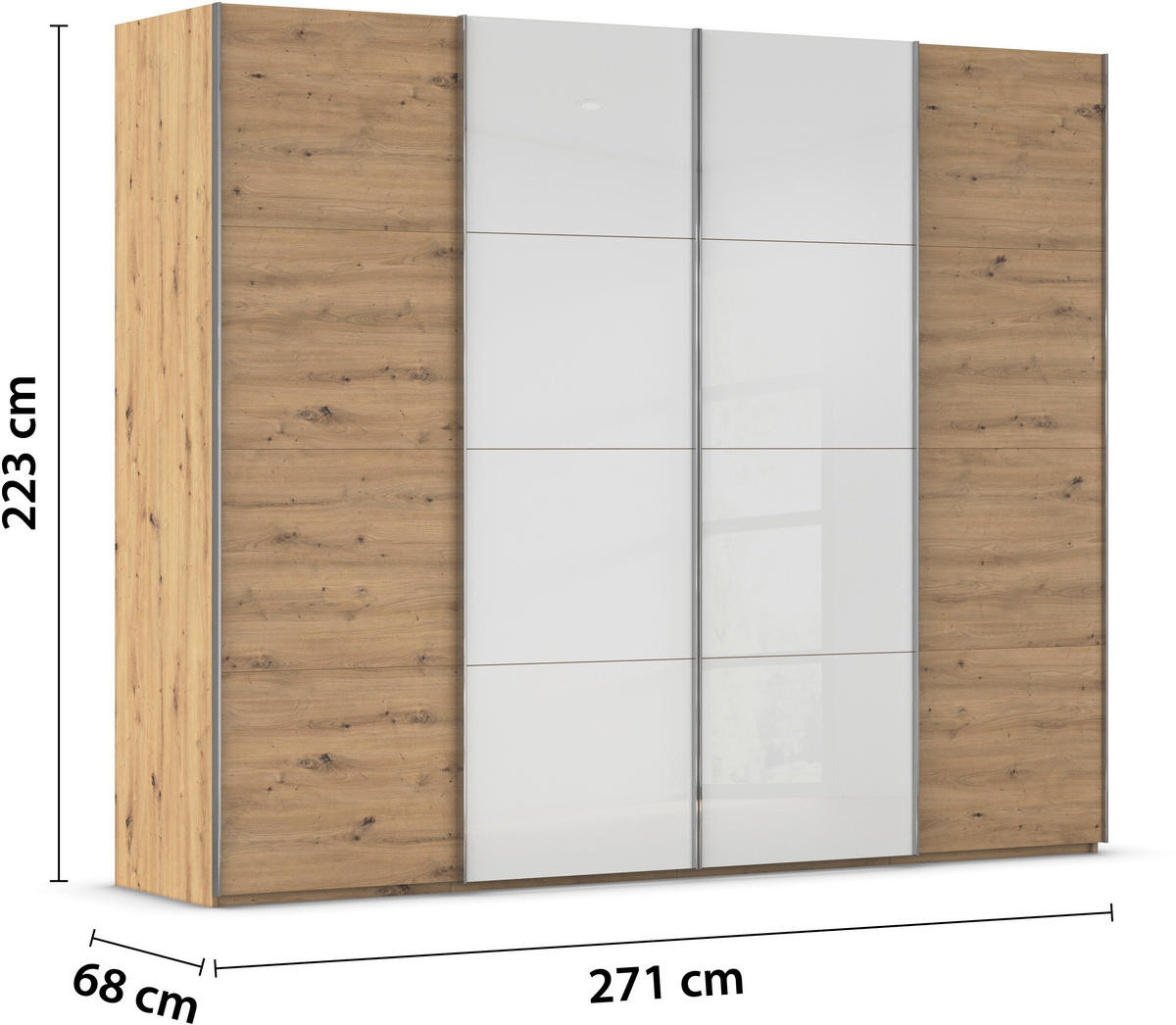 SCHWEBETÜRENSCHRANK 271/223/68 cm 4-türig Weiß, Eiche Artisan  - Chromfarben/Weiß, KONVENTIONELL, Glas/Holzwerkstoff (271/223/68cm) - Novel