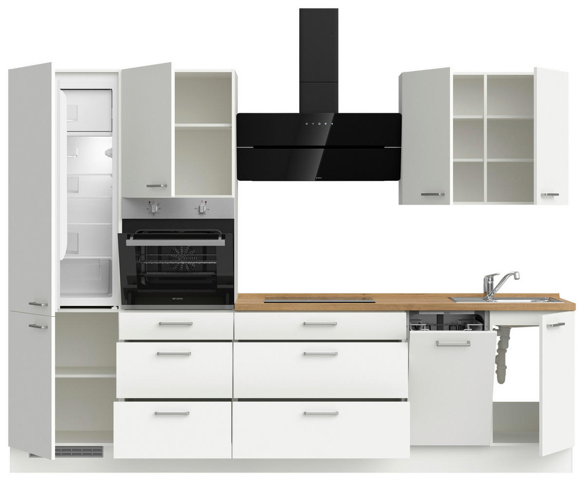KÜCHENBLOCK 300 cm   in Weiß, Eichefarben  - Edelstahlfarben/Eichefarben, MODERN, Holzwerkstoff/Metall (300cm) - Nobilia