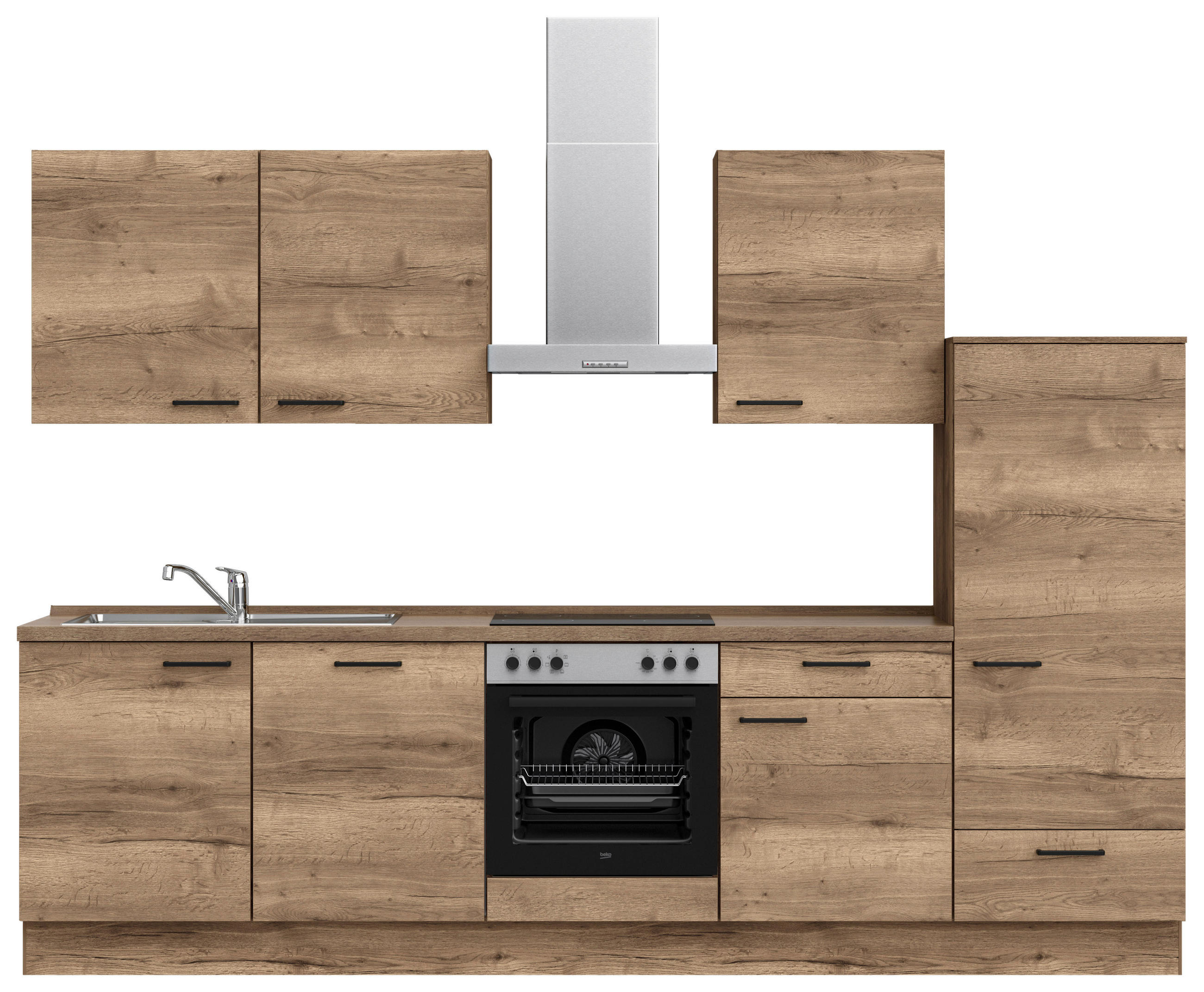 KÜCHENBLOCK 300 cm   in Eiche dunkel  - Eiche dunkel/Eichefarben, MODERN, Holzwerkstoff/Metall (300cm) - Nobilia