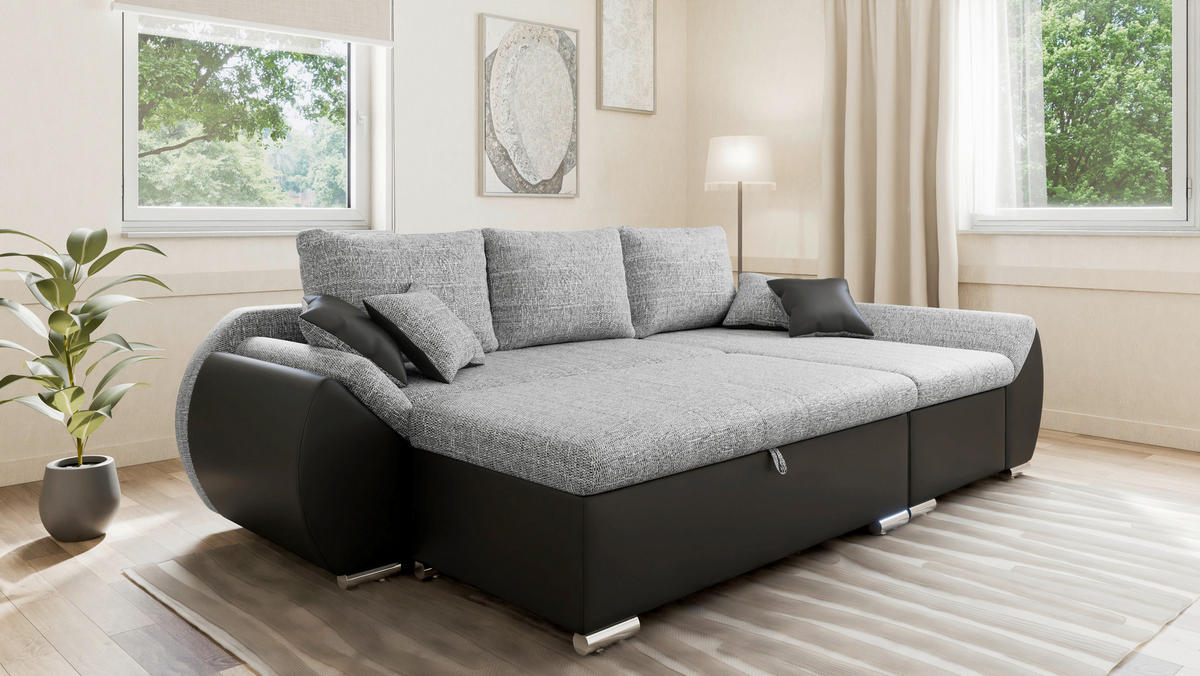 ECKSOFA, inkl. Hocker AURO in Grau, Schwarz Rücken echt, Hocker, Stauraum  275/155 cm  - Silberfarben/Schwarz, Design, Kunststoff/Textil (275/155cm) - MID.YOU