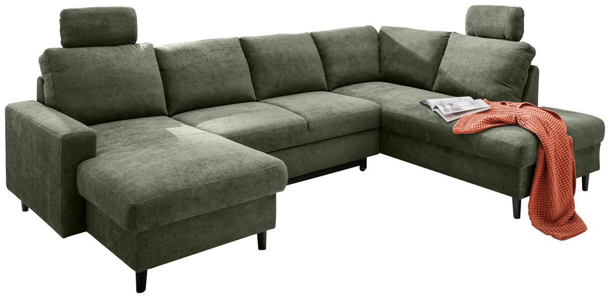 WOHNLANDSCHAFT in Chenille Dunkelgrün  - Dunkelgrün/Schwarz, Modern, Holz/Textil (153/305/200cm) - Livetastic