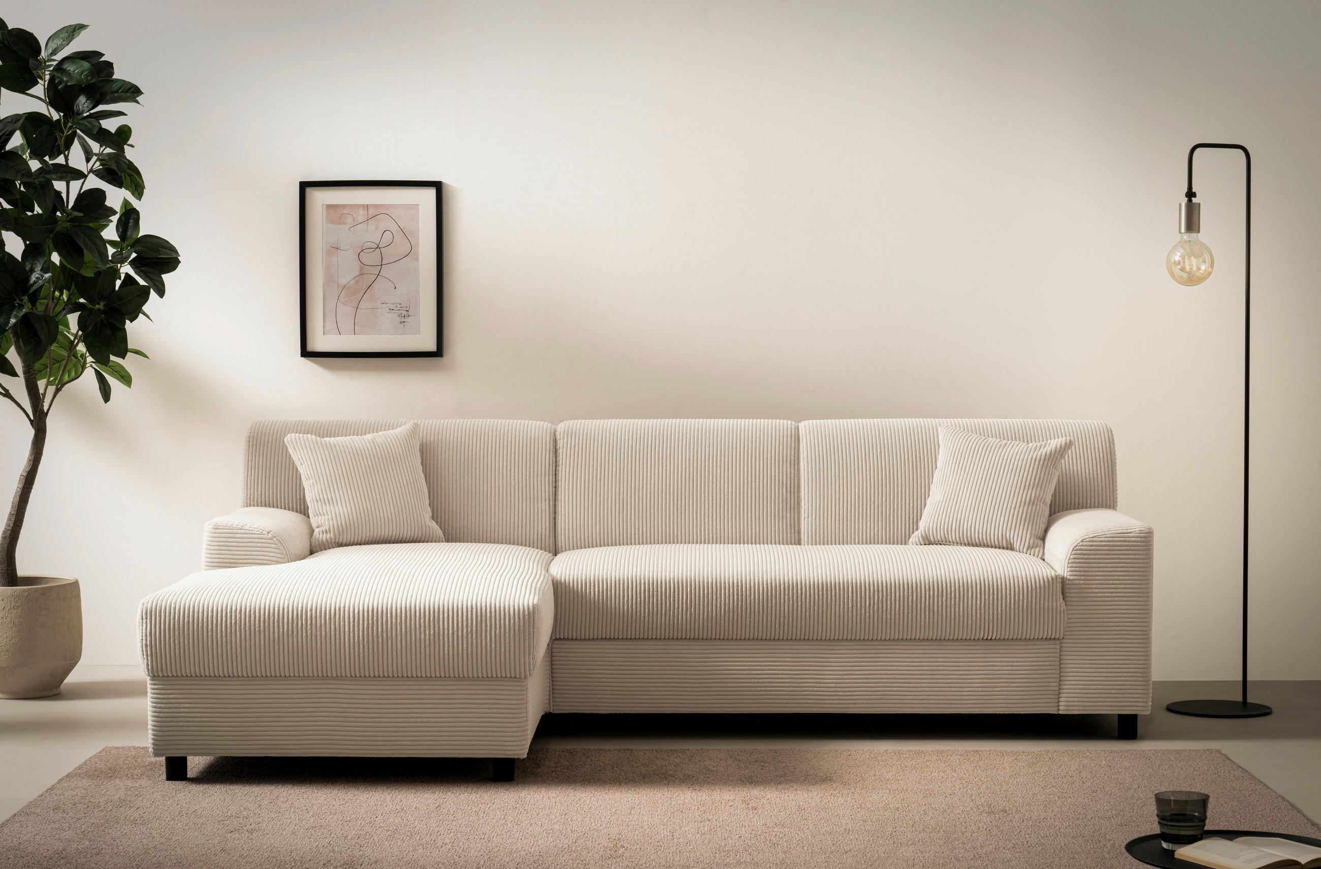 ECKSCHLAFSOFA  CAPRI 2 Creme Cord  - Creme/Schwarz, Basics, Kunststoff/Textil (146/241cm) - MID.YOU