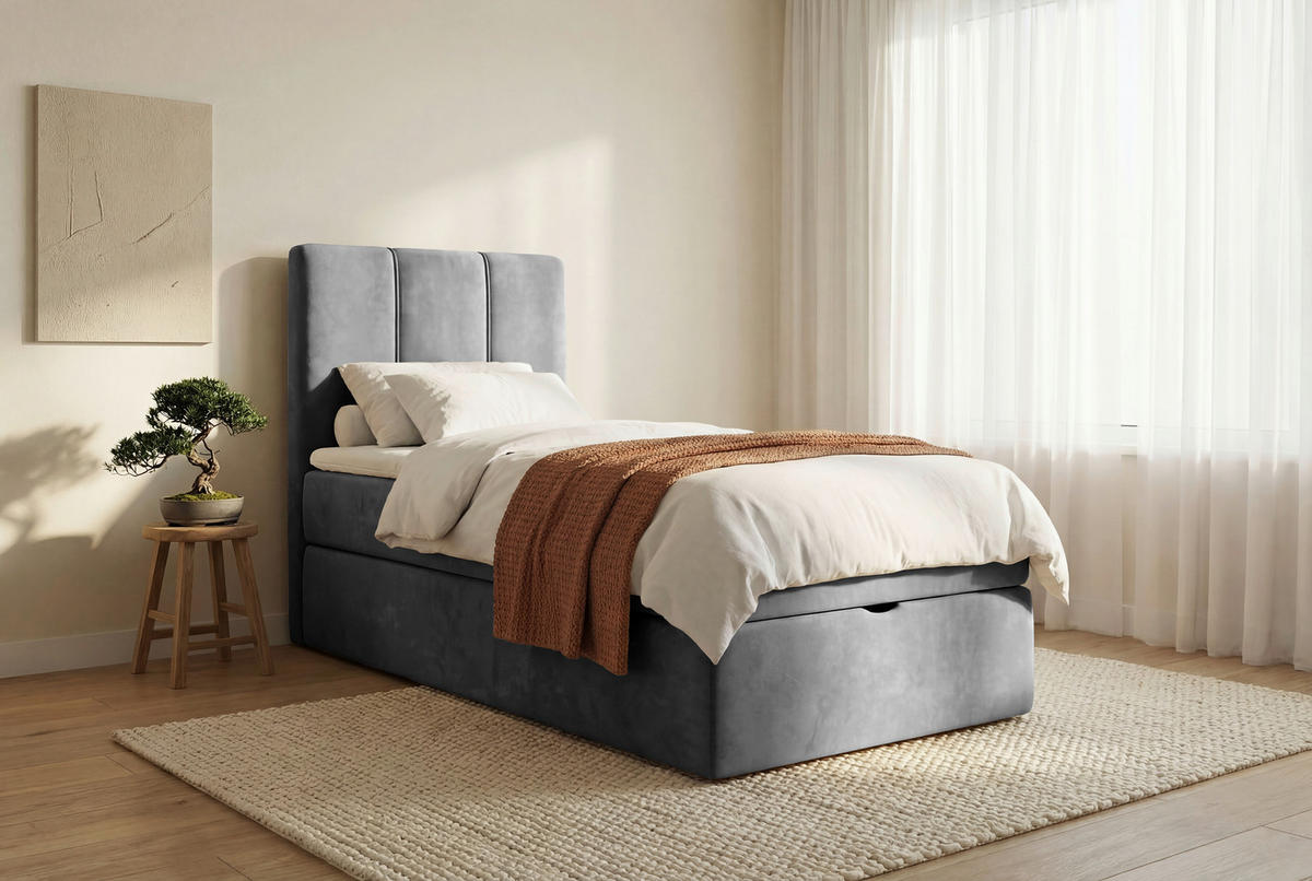 BOXBETT 70/200 cm,  in Grau, Matratze, gepolstertes Kopfteil, Bettkasten, Topper, H3 = fest  - Schwarz/Grau, Design, Holzwerkstoff/Kunststoff (70/200cm) - Esposa