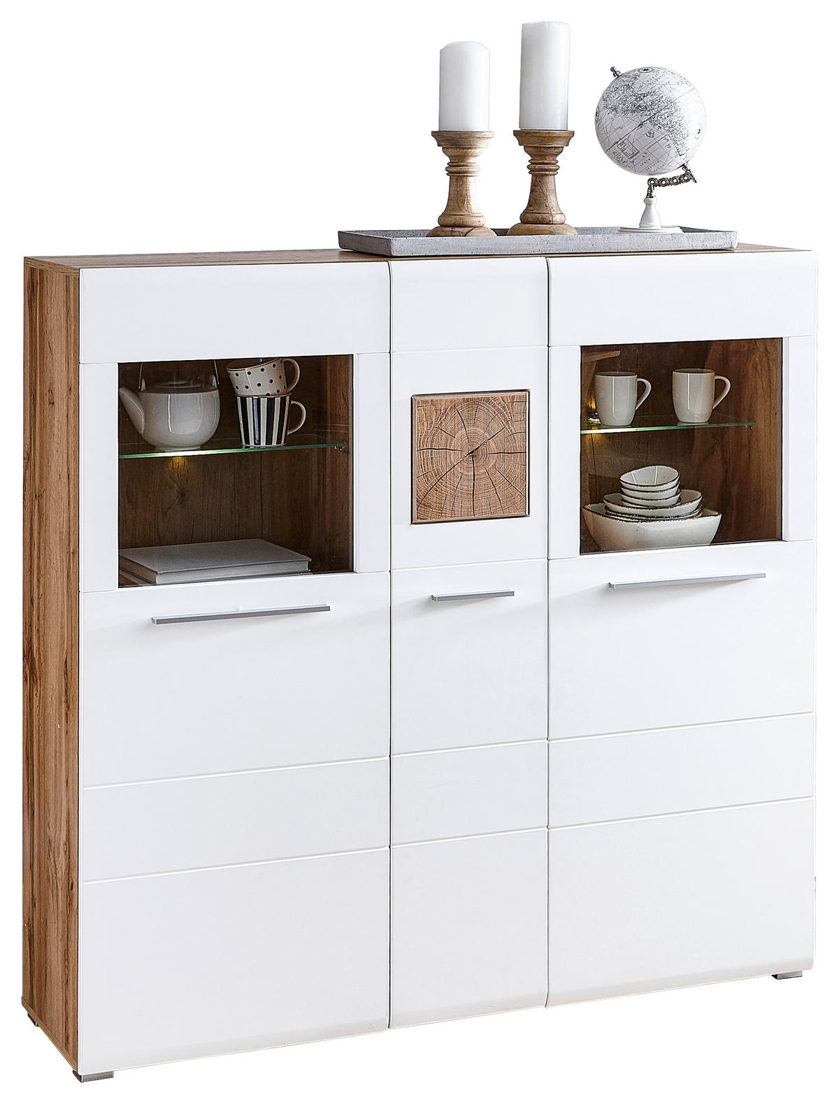 VISOKA KOMODA   140/135/37 cm   bela, boja hrasta  - boja hroma/boja hrasta, Konvencionalno, staklo/drvo (140/135/37cm) - Hom`in