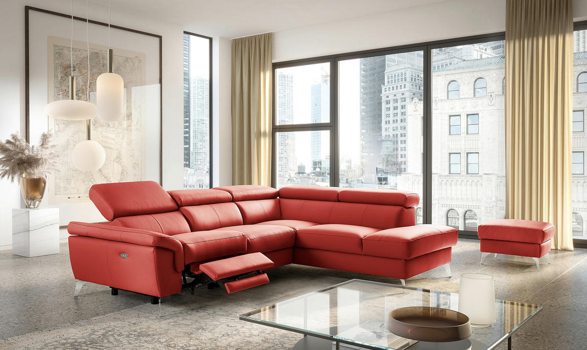 ECKSOFA Lederlook Echtleder Rot  - Chromfarben/Rot, Design, Leder/Textil (265/210cm) - Livetastic
