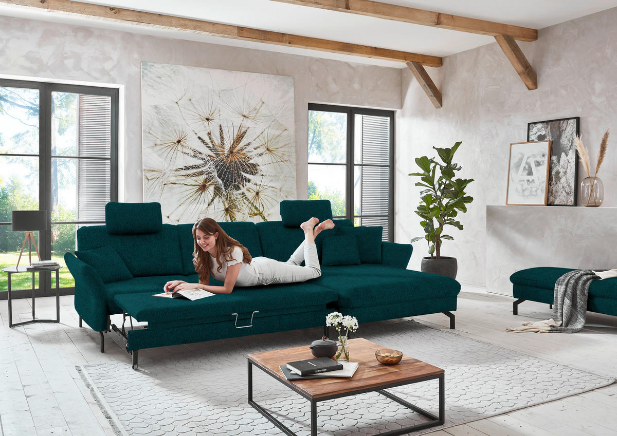 ECKSOFA in Velours Petrol  - Petrol/Schwarz, Design, Textil/Metall (306/179cm) - Beldomo System