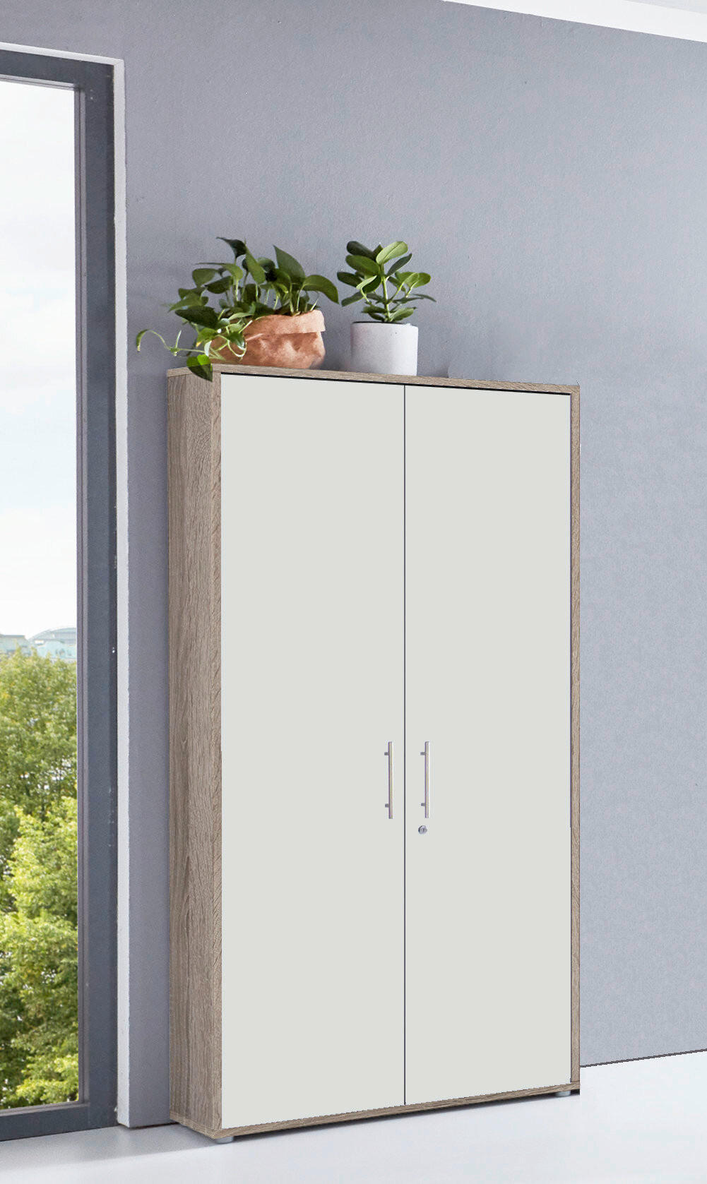 Thumbnail - Mid.you Aktenschrank, Weiß, Sonoma Eiche, Holzwerkstoff, 4 Fächer, 84.4x185.6x33 cm, Made in Germany, erweiterbar, in ve...