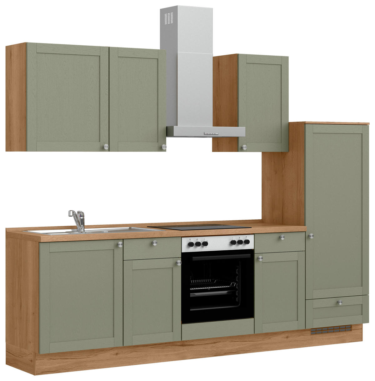 KÜCHENBLOCK Frame 270 cm  in Eichefarben, Olivgrün  - Edelstahlfarben/Eichefarben, MODERN, Holzwerkstoff/Metall (270cm) - Nobilia