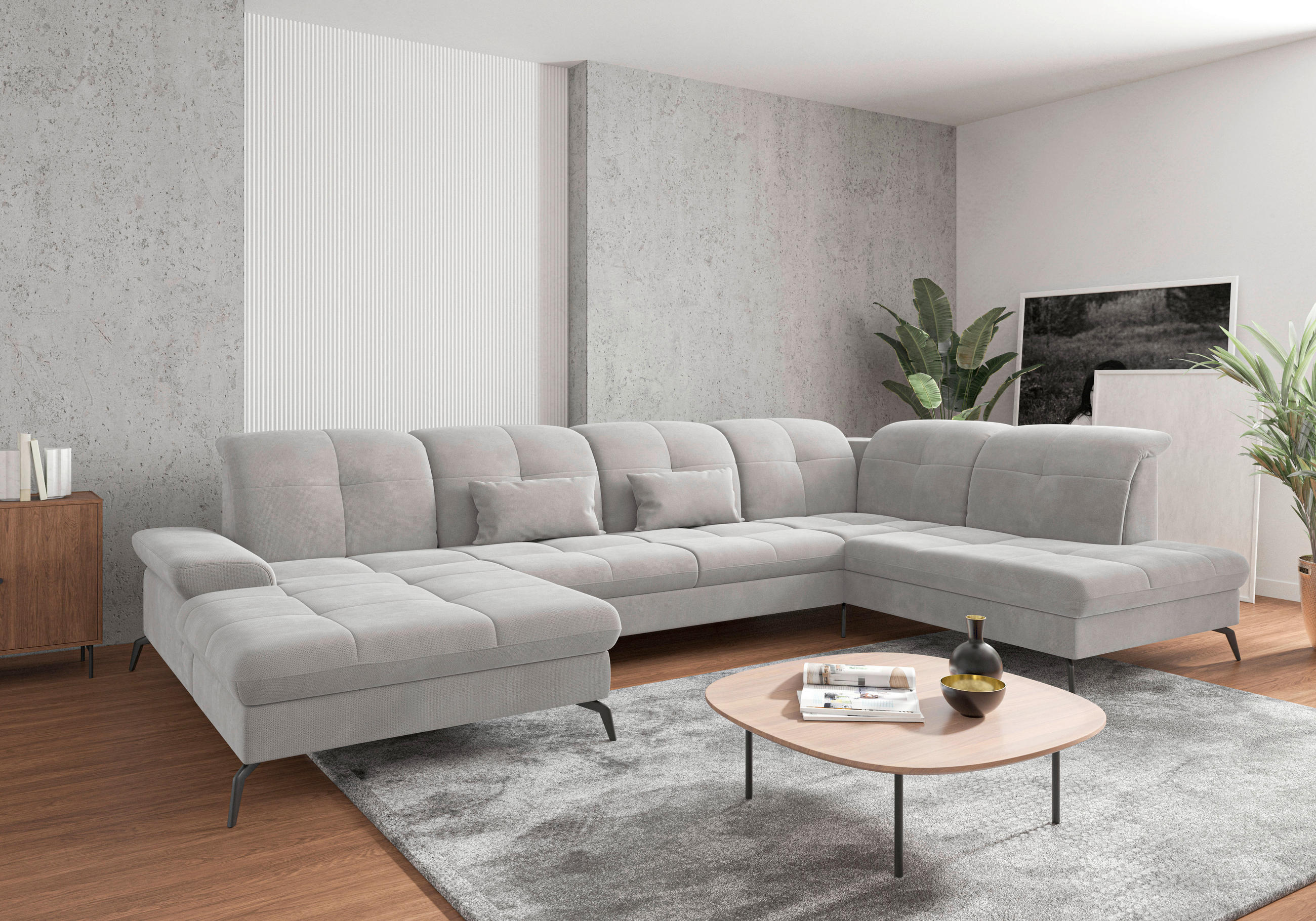 WOHNLANDSCHAFT Silberfarben Flachgewebe  - Silberfarben/Schwarz, KONVENTIONELL, Textil/Metall (185/357/231cm) - Sit & More