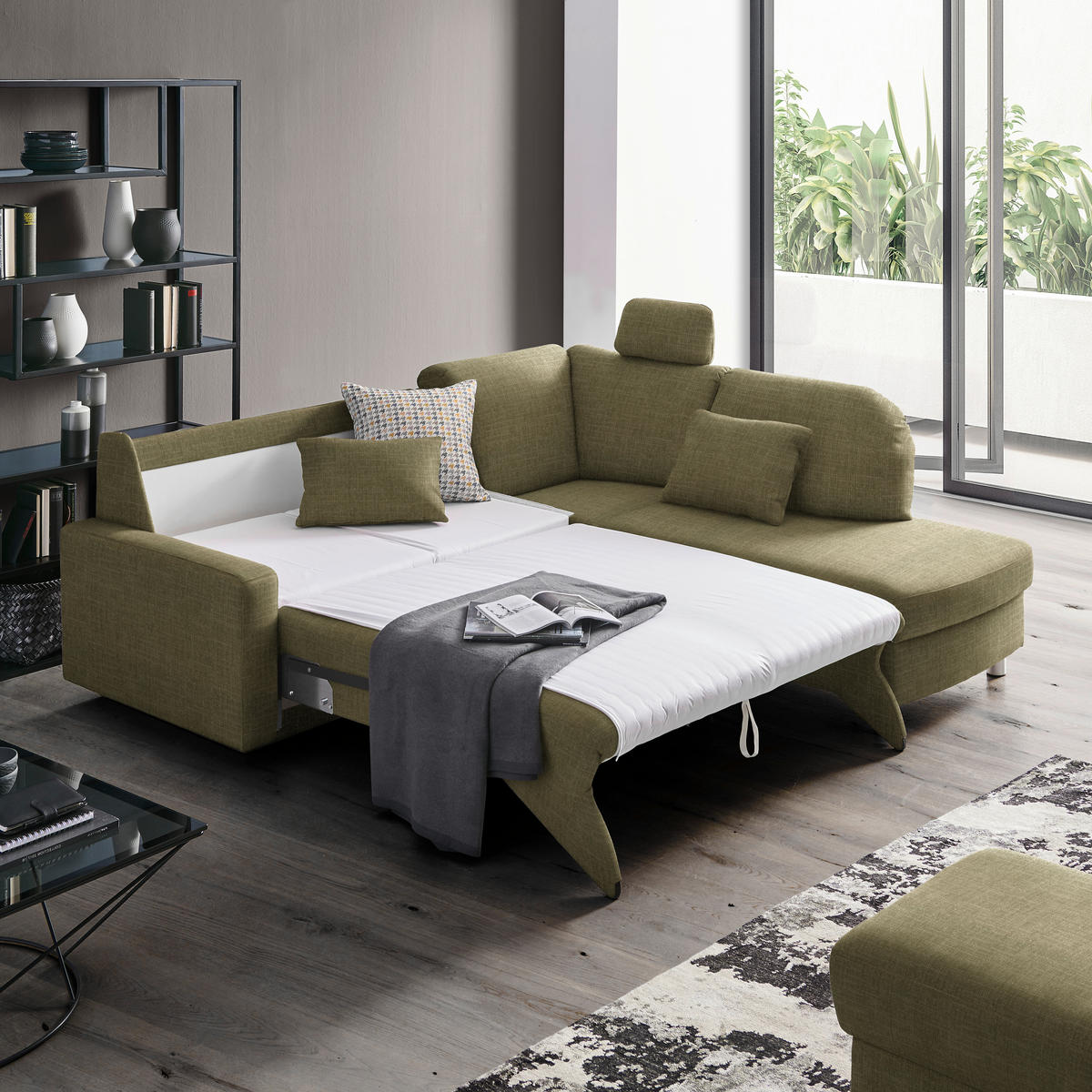 ECKSOFA in Chenille Olivgrün  227/208 cm  - Alufarben/Olivgrün, KONVENTIONELL, Textil/Metall (227/208cm) - Sedda