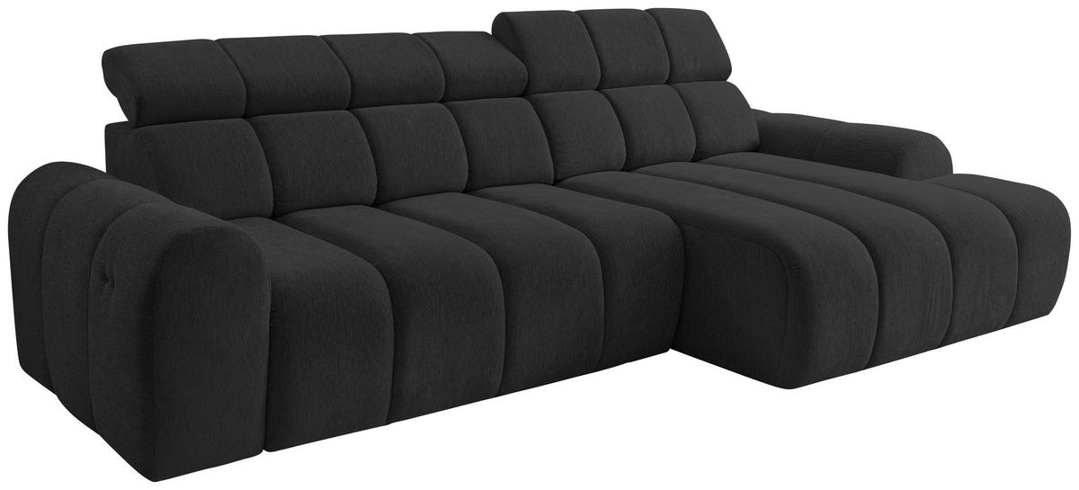 ECKSOFA Schwarz Chenille Bettkasten, Rücken echt, Kopfteilverstellung, Sitzvorzug  - Schwarz, Design, Kunststoff/Textil (290/152cm) - Stylife
