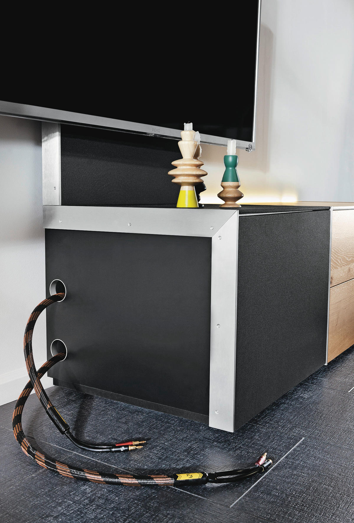 TV-ELEMENT Q-Media Holz, Textil Schwarz, Eichefarben  - Eichefarben/Alufarben, Design, Holz/Textil (303cm) - Musterring