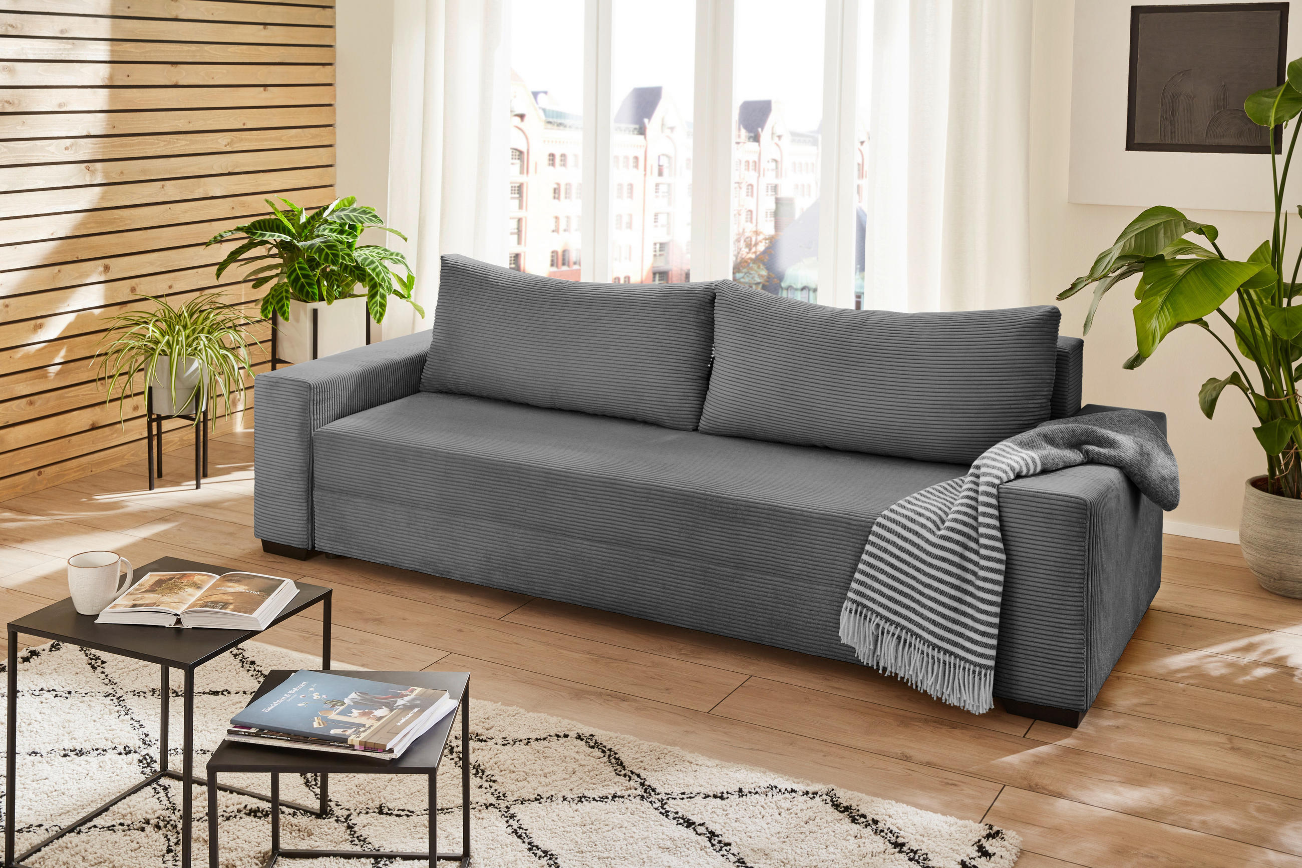 Thumbnail - Carryhome Schlafsofa, Dunkelgrau, Textil, 3-Sitzer, Füllung: Polyester, Schaumstoffflocken, 240x72x95 cm, Wohnzimmer, So...