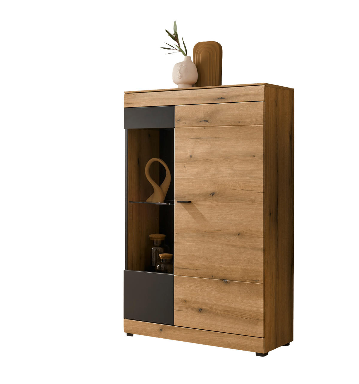 VITRINE  in Graphitfarben, Eichefarben - Eichefarben/Schwarz, Design, Glas/Holzwerkstoff (90/141/35cm) - MID.YOU