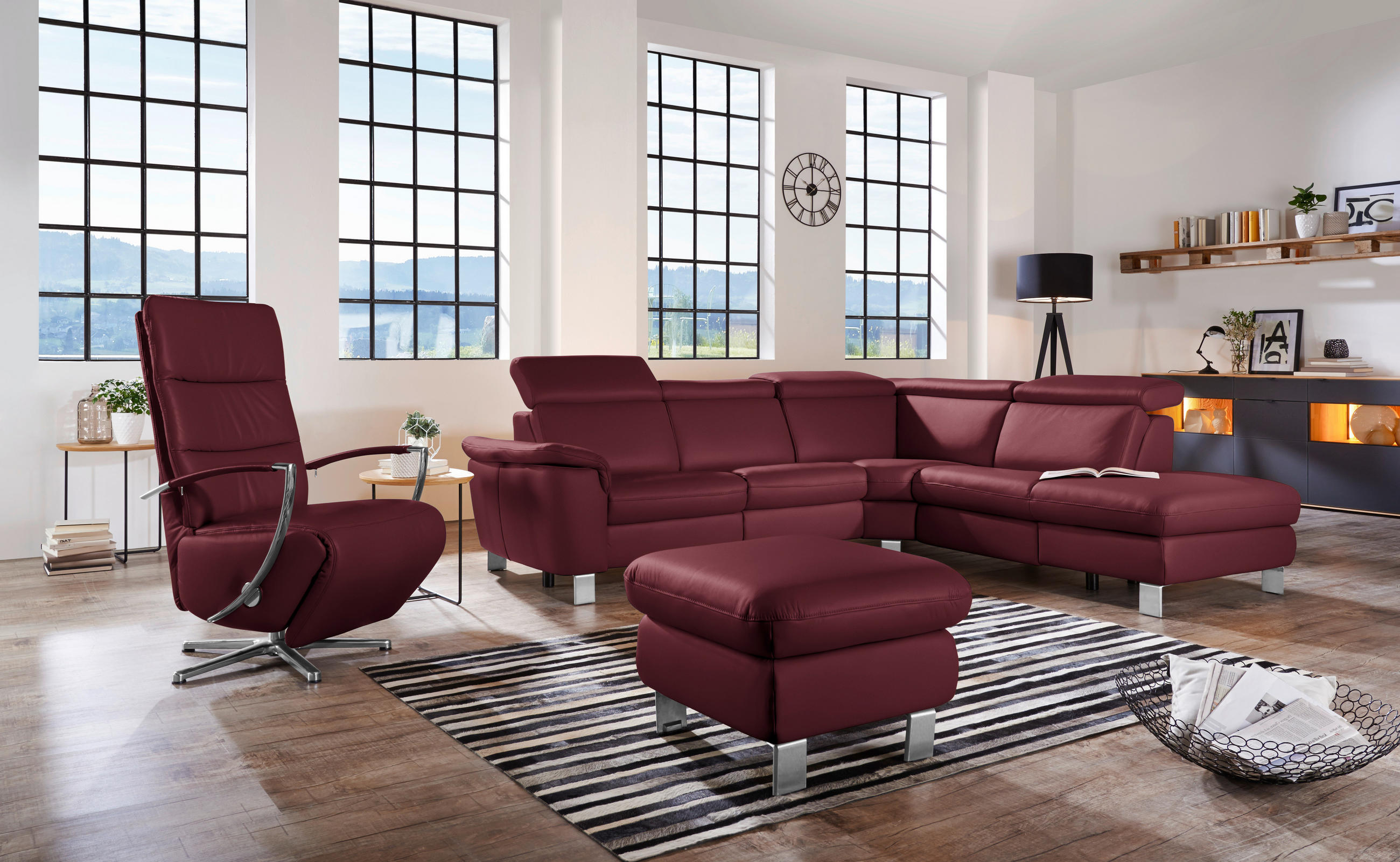 ECKSOFA in Echtleder Weinrot  - Weinrot/Alufarben, Design, Leder/Metall (271/239cm) - Cantus