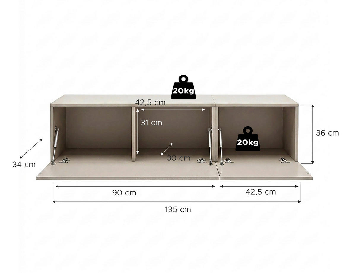 LOWBOARD  135/36/34 cm  stehend, hängend  - Kaschmir/Schwarz, Design, Holzwerkstoff/Kunststoff (135/36/34cm) - MID.YOU