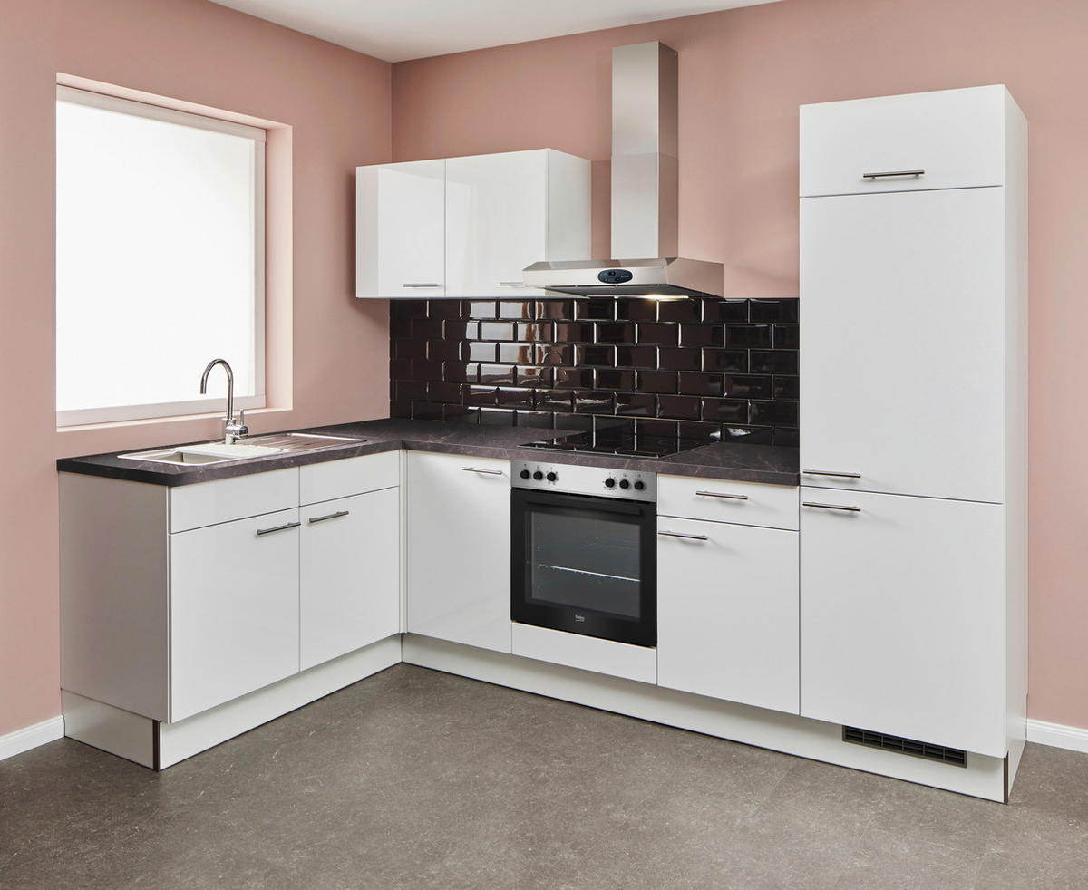 ECKKÜCHE 165/285 cm  in Grau, Weiß Hochglanz  - Edelstahlfarben/Weiß Hochglanz, Design, Holzwerkstoff/Metall (165/285cm) - Pino