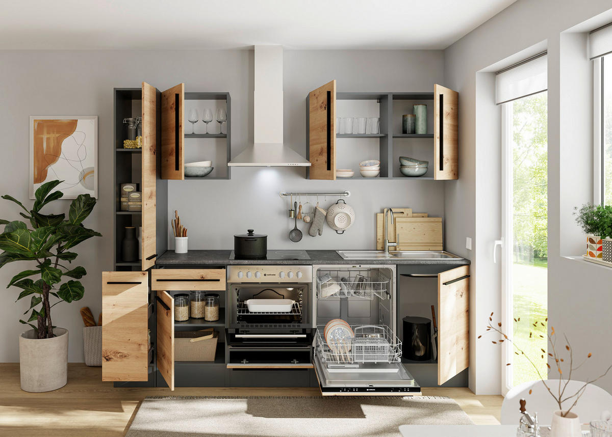 KÜCHENBLOCK  in Anthrazit, Eiche Artisan  - Anthrazit/Schwarz, LIFESTYLE, Holzwerkstoff/Kunststoff (250cm) - P & B