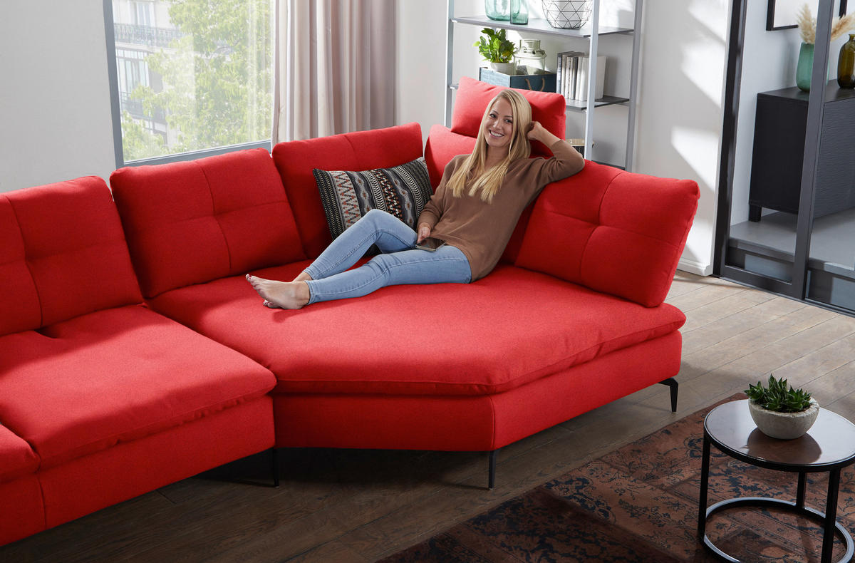 ECKSOFA in Flachgewebe Hellrot  - Hellrot/Schwarz, Design, Textil/Metall (344/157cm) - Chilliano