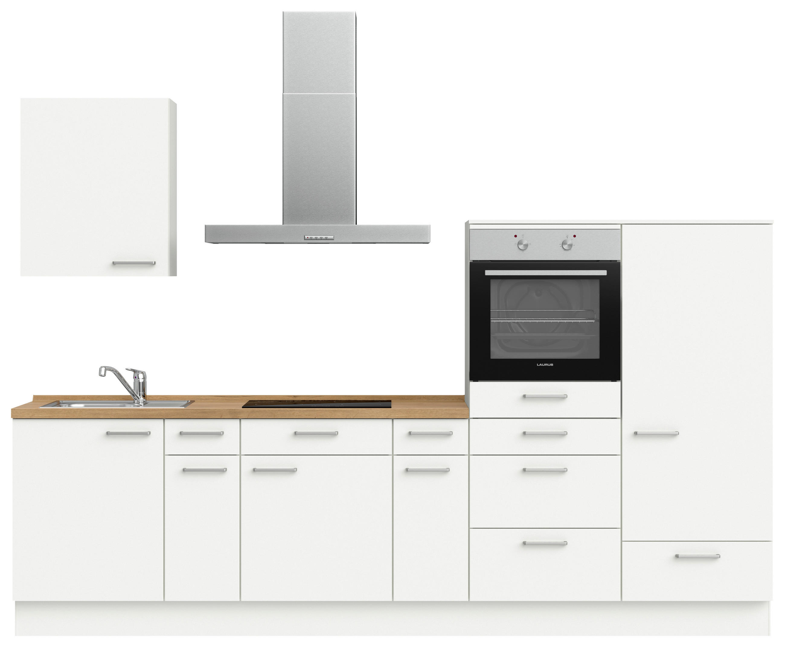 KÜCHENBLOCK 300 cm   in Weiß, Eichefarben  - Edelstahlfarben/Eichefarben, MODERN, Holzwerkstoff/Metall (300cm) - Nobilia