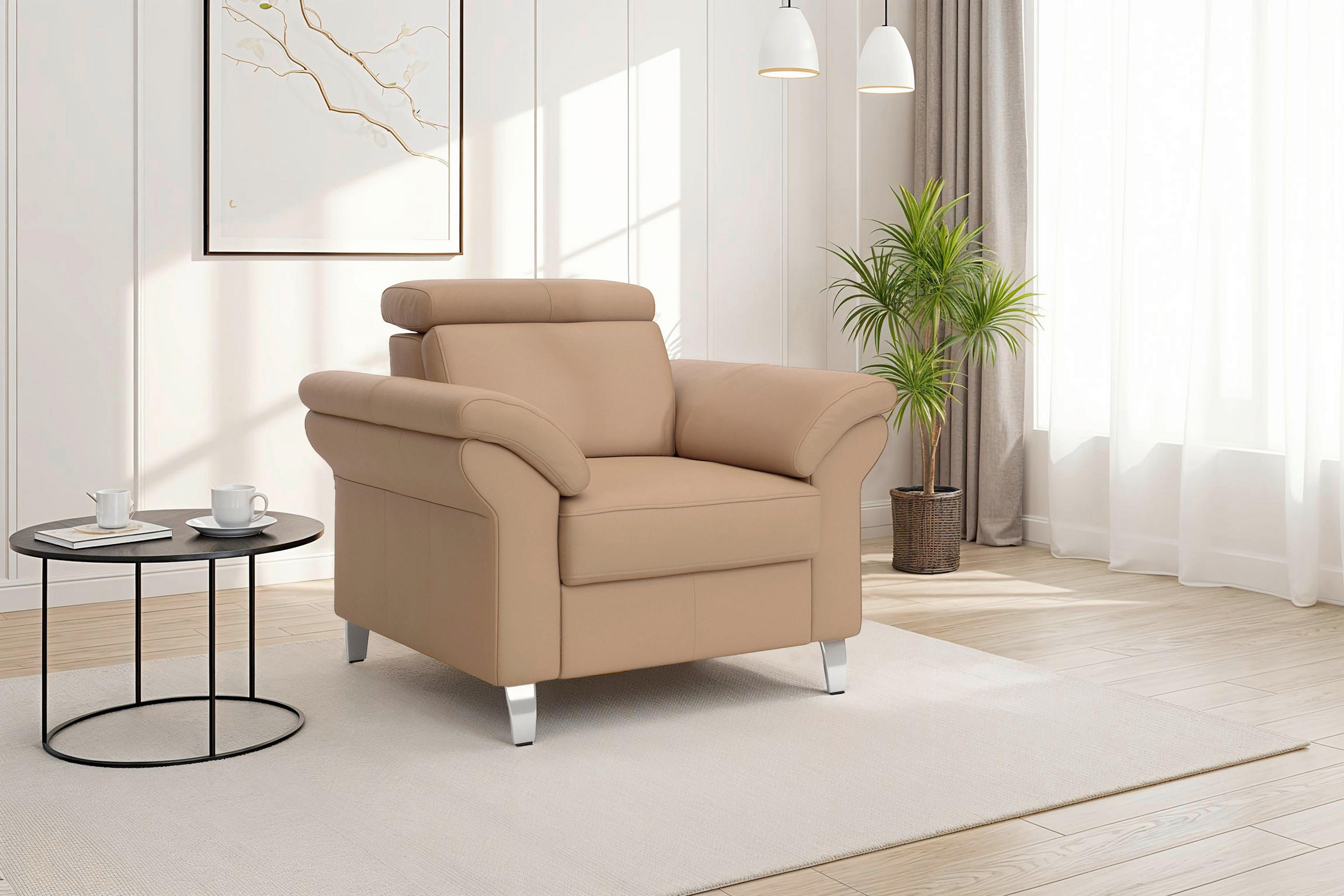 SESSEL in Echtleder Cappuccino  - Chromfarben/Cappuccino, Basics, Leder/Metall (101/84/93cm) - Sit & More
