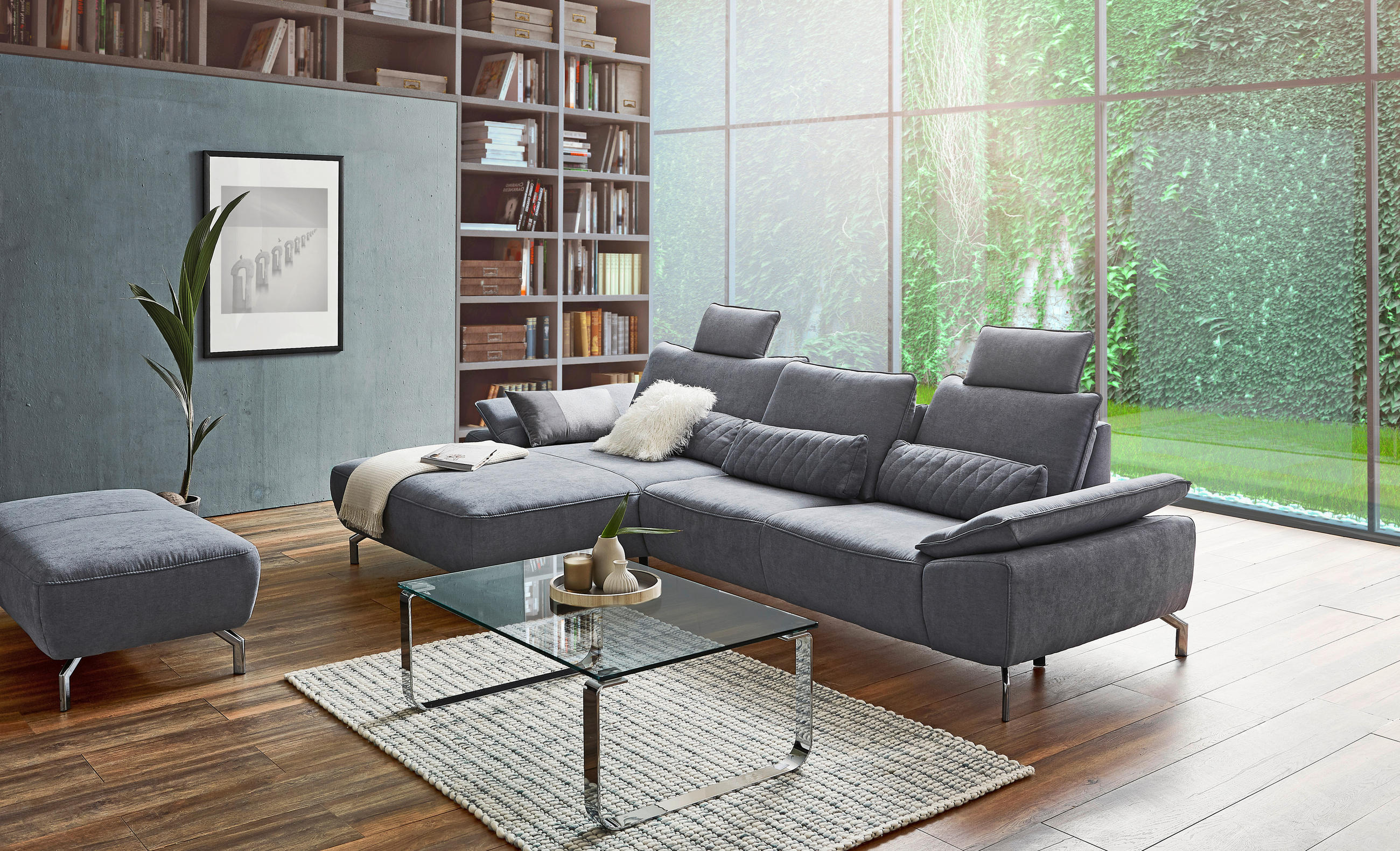 Thumbnail - Musterring Ecksofa MR 270, Dunkelgrün, Textil, 3-Sitzer, Ottomane rechts, L-Form, 335x181 cm, Goldenes M, Typenauswahl, ...