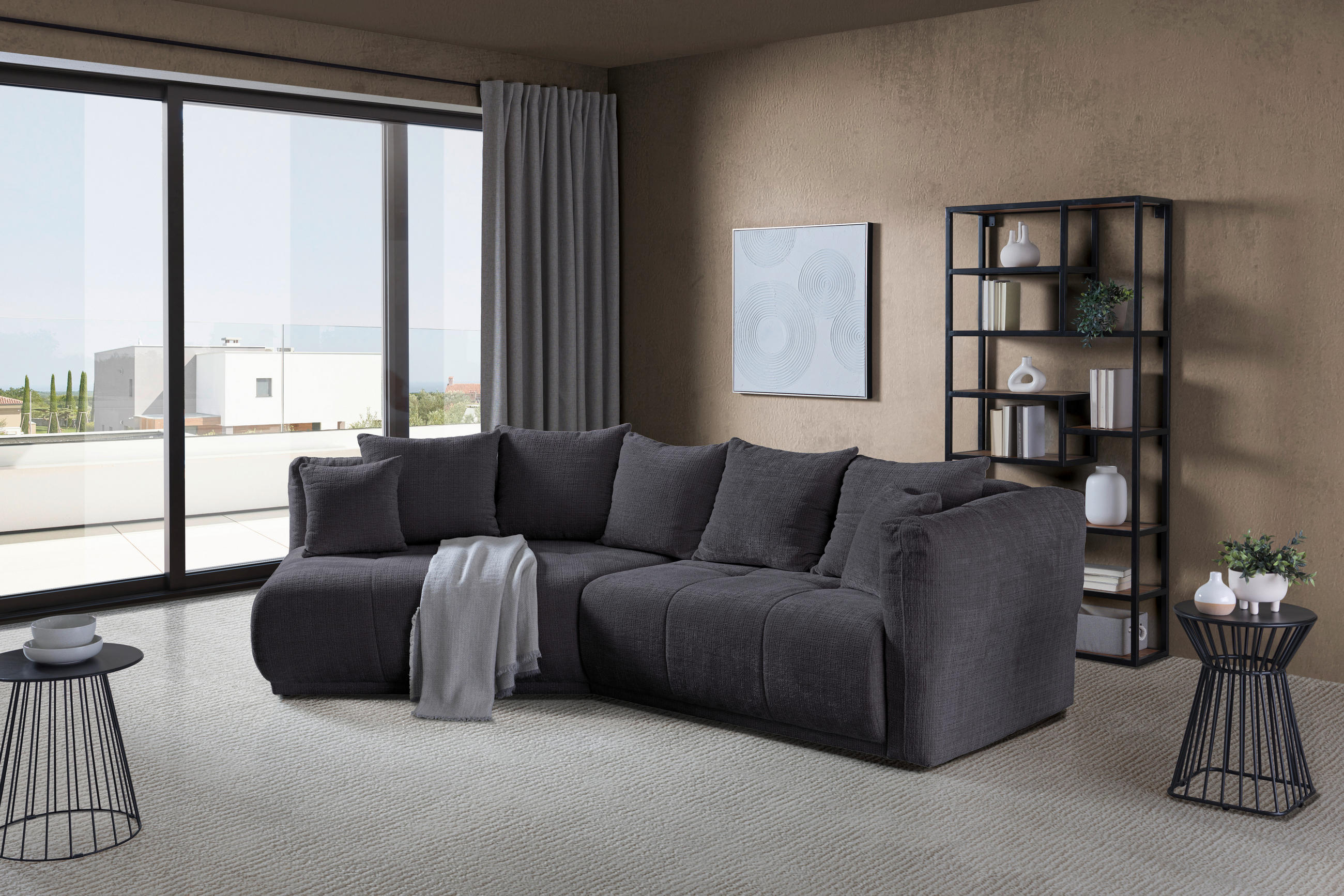 ECKSOFA Dunkelgrau Chenille  - Dunkelgrau/Schwarz, MODERN, Kunststoff/Textil (180/315cm) - Hom`in