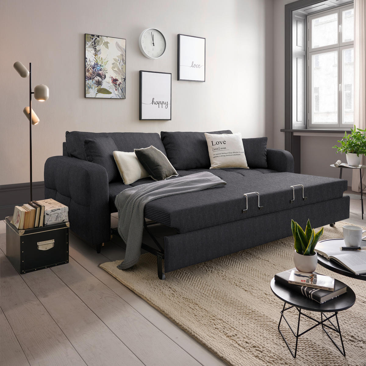 SCHLAFSOFA Cord, Velours Anthrazit Stoffauswahl, Bettfunktion erhältlich, Rücken echt, Armteil links, Armteil rechts  - Anthrazit/Schwarz, Design, Holz/Textil (236/88/101cm) - Lomoco