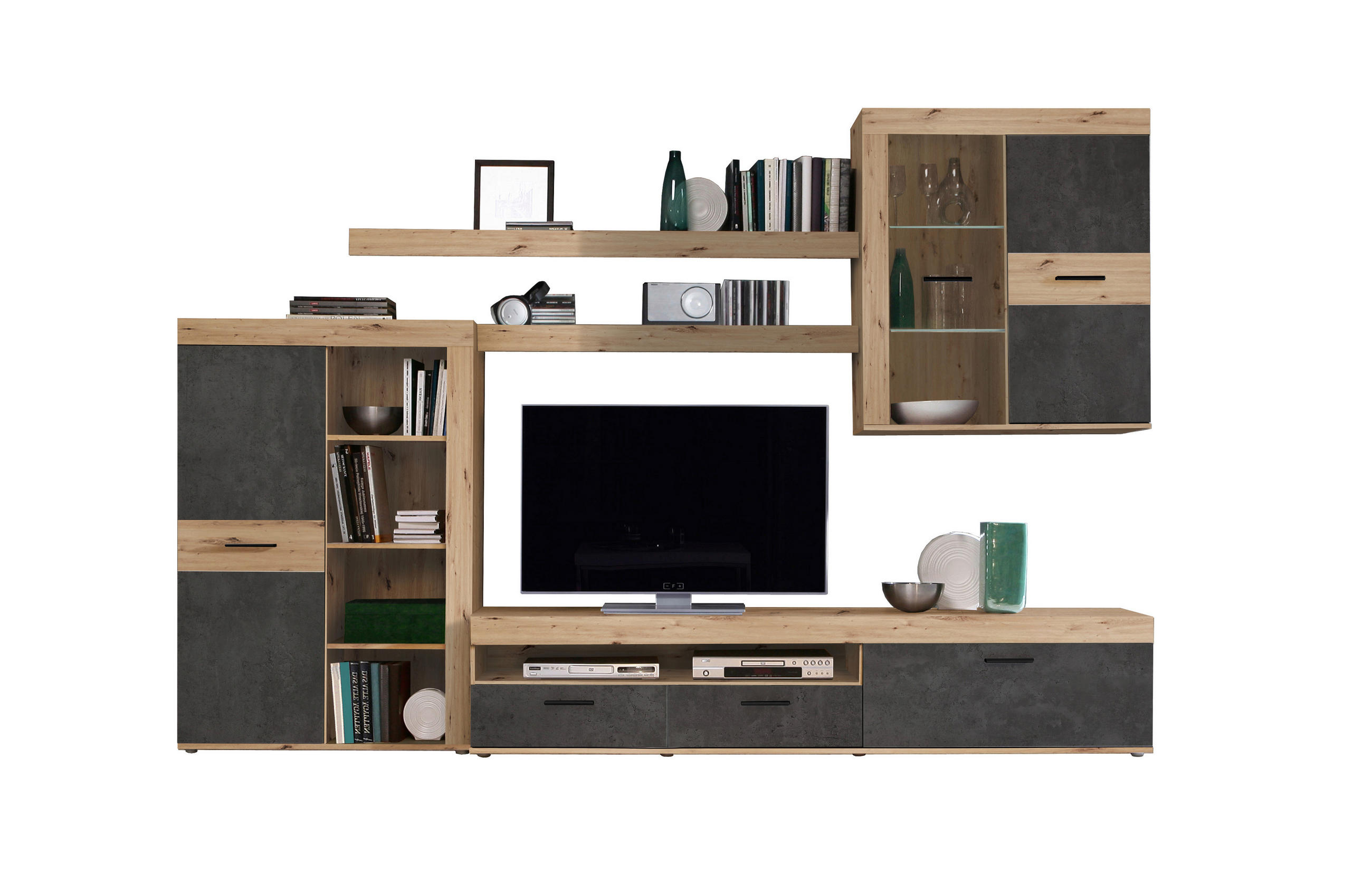 DNEVNI REGAL,  barve hrasta, temno siva  - temno siva/črna, Design, umetna masa/steklo (300/200,9/41cm) - Cantus