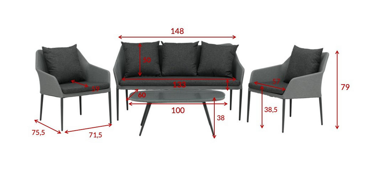 LOUNGEGARNITUR   Aluminium  - Schwarz/Grau, KONVENTIONELL, Textil/Metall - Gardenson