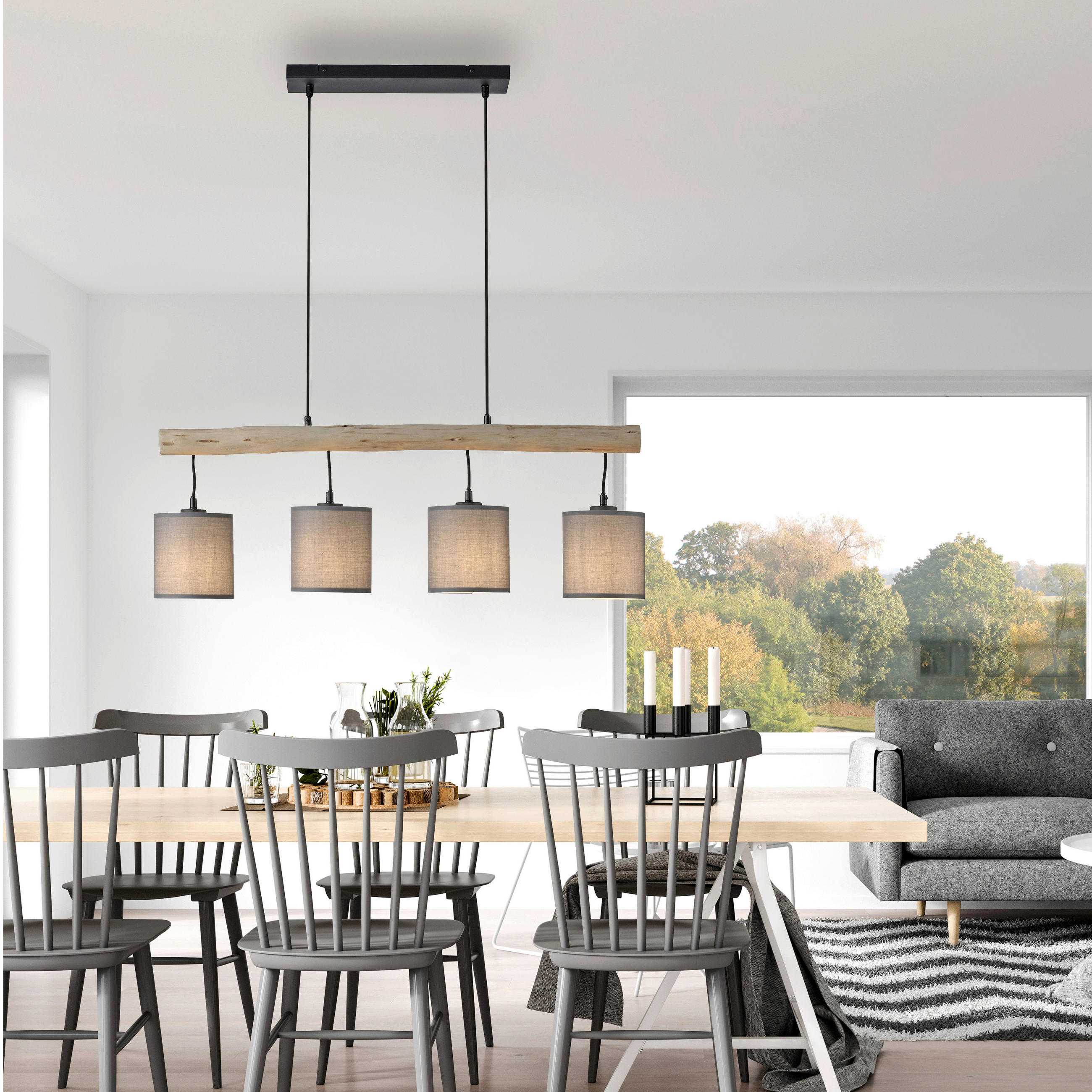 Thumbnail - Just Light Pendelleuchte Tribu, Schwarz, Taupe, Holz, Metall, Kunststoff, Eukalyptusholz, 13.5x60-120x82.5 cm, Lampen & ...