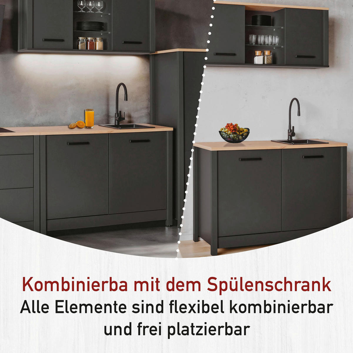 KÜCHENLEERBLOCK   in Anthrazit, Eiche Artisan  - Anthrazit/Schwarz, MODERN, Glas/Holzwerkstoff (300/167/60cm) - home24