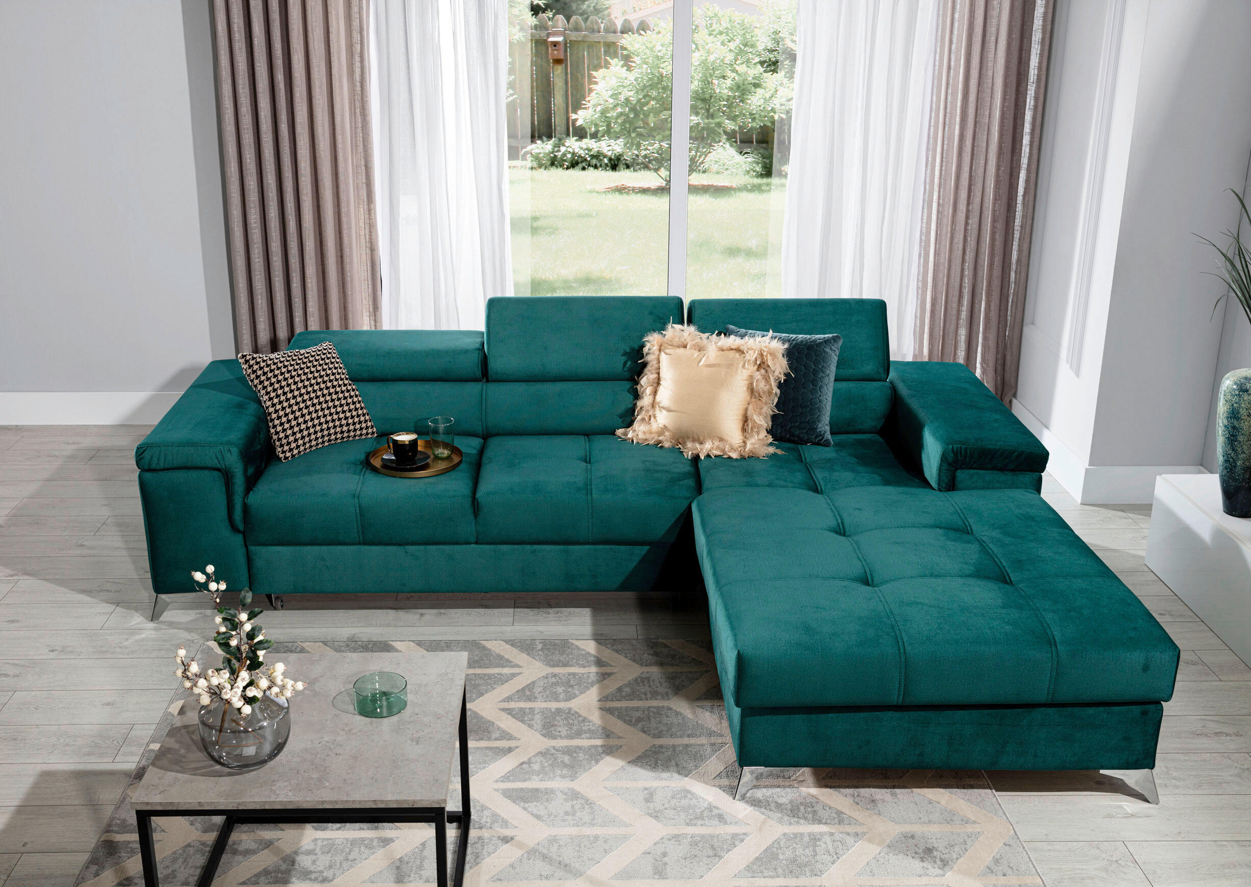 ECKSOFA Grün Samt  - Silberfarben/Grün, Design, Textil/Metall (281/205cm) - MID.YOU