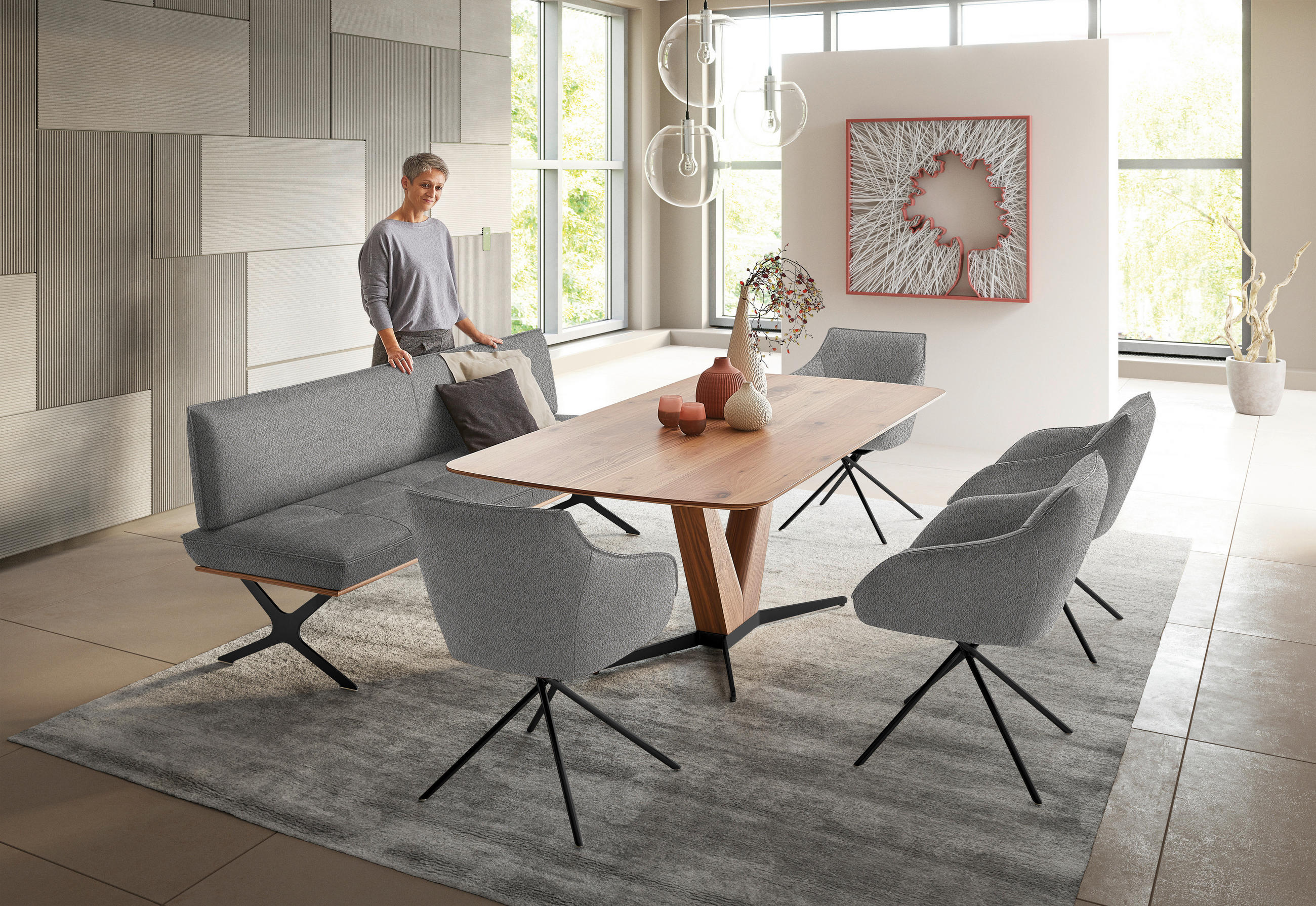 SITZBANK 194/88/66 cm  in Schwarz, Nussbaumfarben, Ecru  - Ecru/Nussbaumfarben, Design, Holz/Textil (194/88/66cm) - Koinor