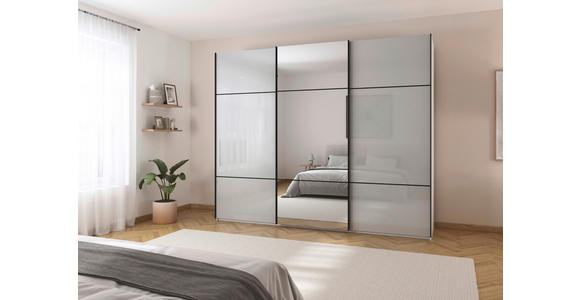 SCHWEBETÜRENSCHRANK 301/223/68 cm 3-türig Grau, Weiß - Schwarz/Weiß, KONVENTIONELL, Glas/Holzwerkstoff (301/223/68cm) - Novel