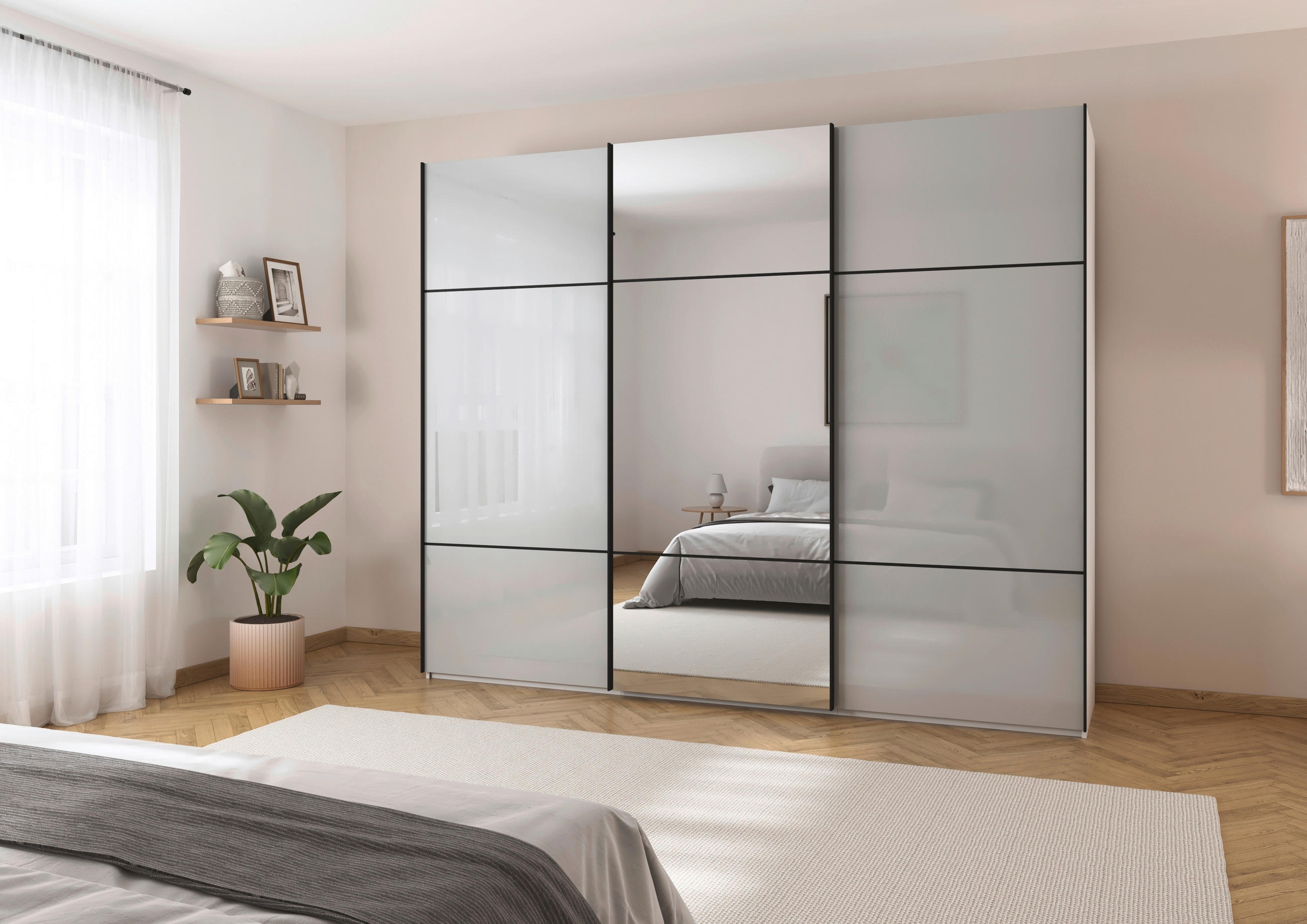SCHWEBETÜRENSCHRANK in Grau, Weiss  - Weiss/Schwarz, Konventionell, Glas/Holzwerkstoff (242/223/68cm) - Novel