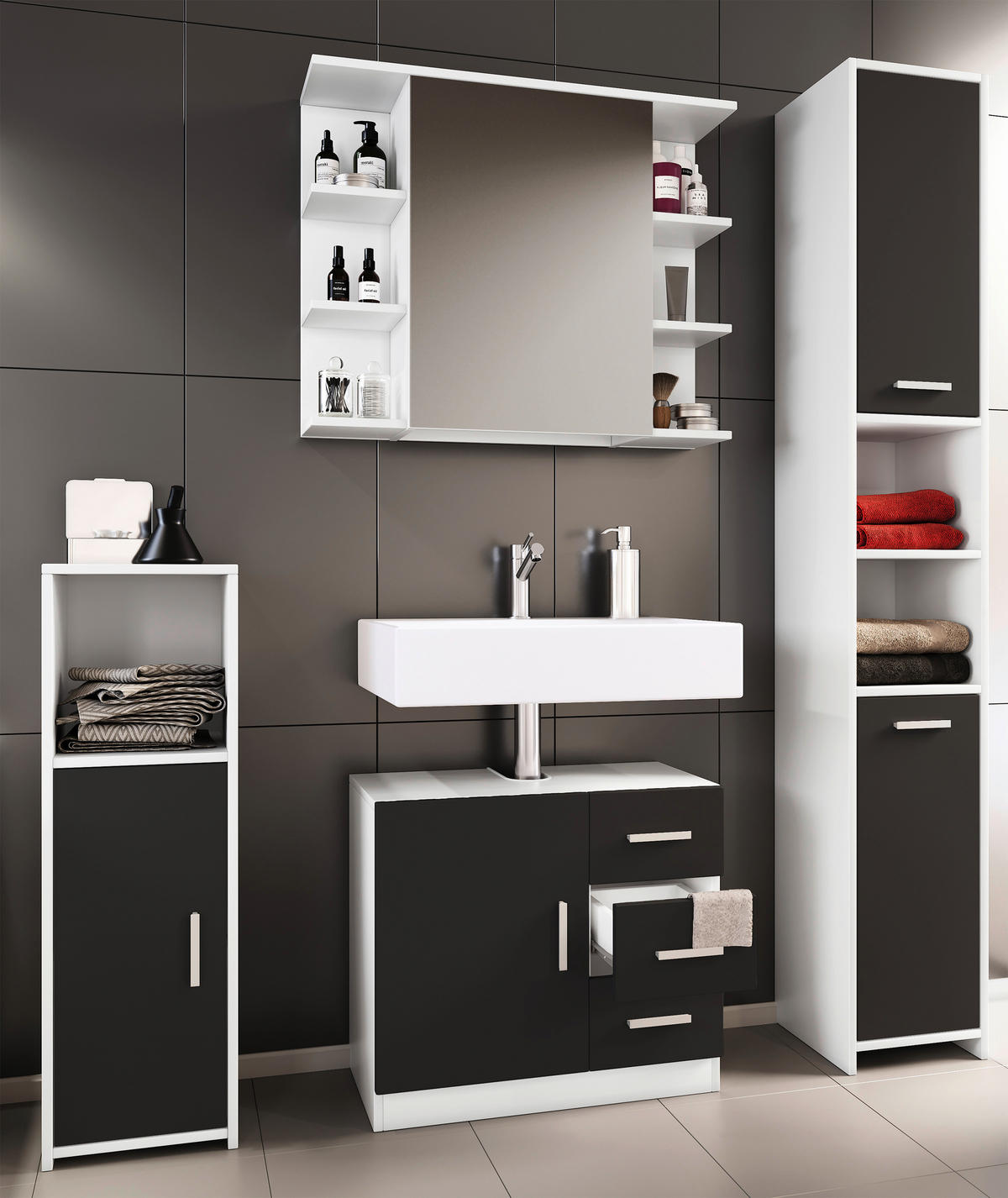 BADEZIMMER 4-teilig  in 140 cm  - Schwarz/Weiß, MODERN, Holzwerkstoff (140cm) - MID.YOU